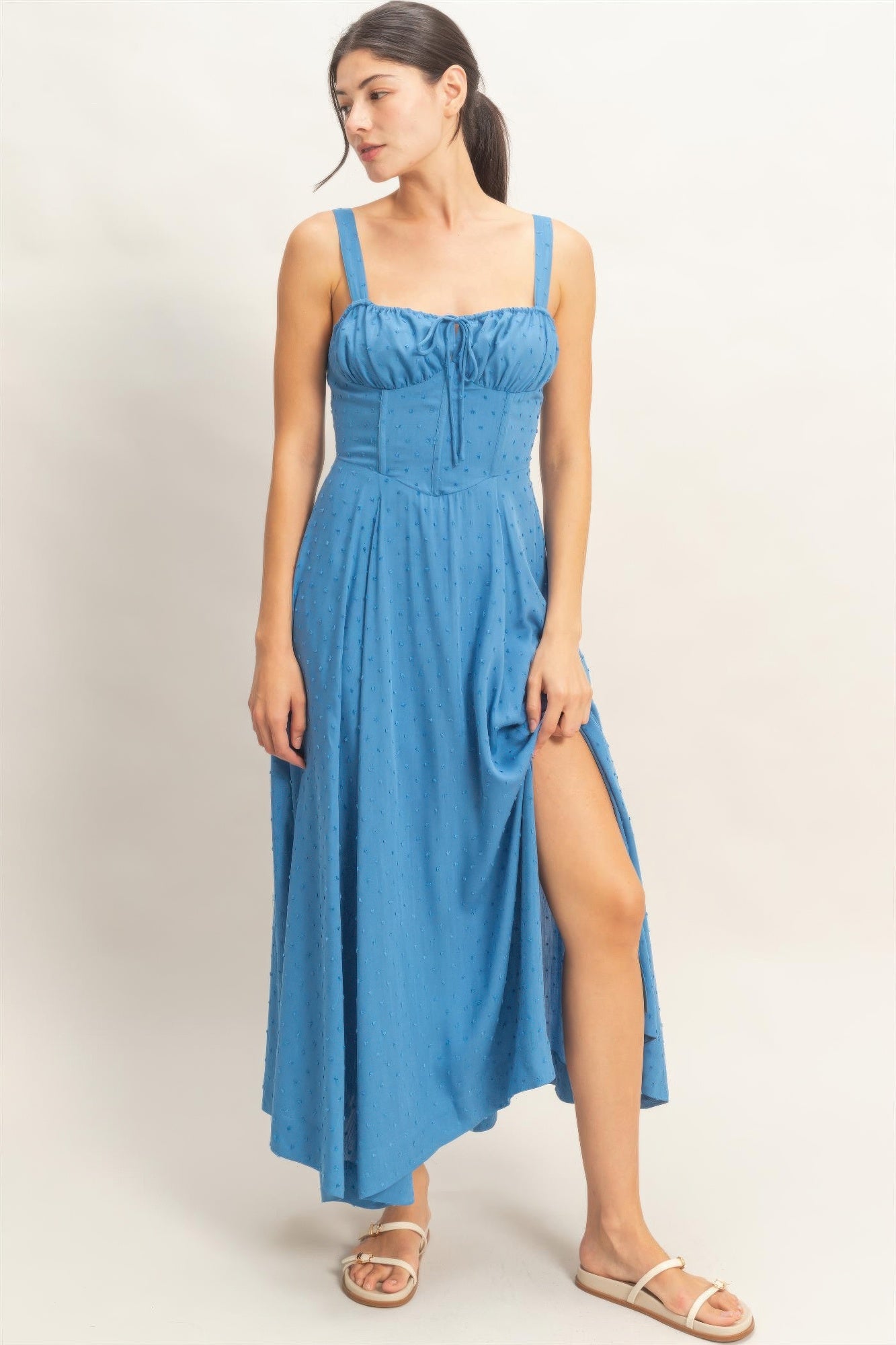 Azure Blue Ruched-Bust Slit Maxi Dress