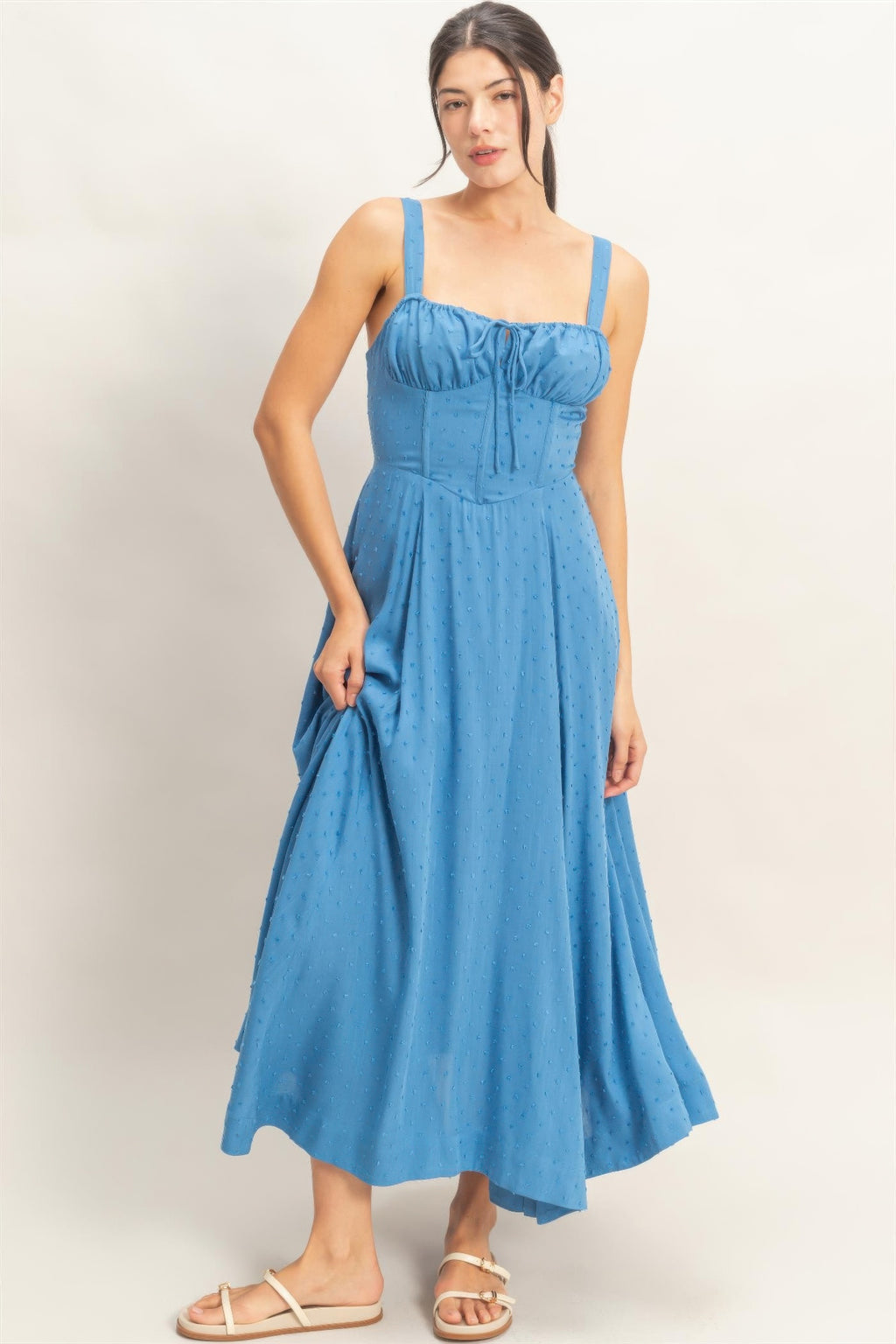 Azure Blue Ruched-Bust Slit Maxi Dress with thin straps and a ruched bust, worn by a model