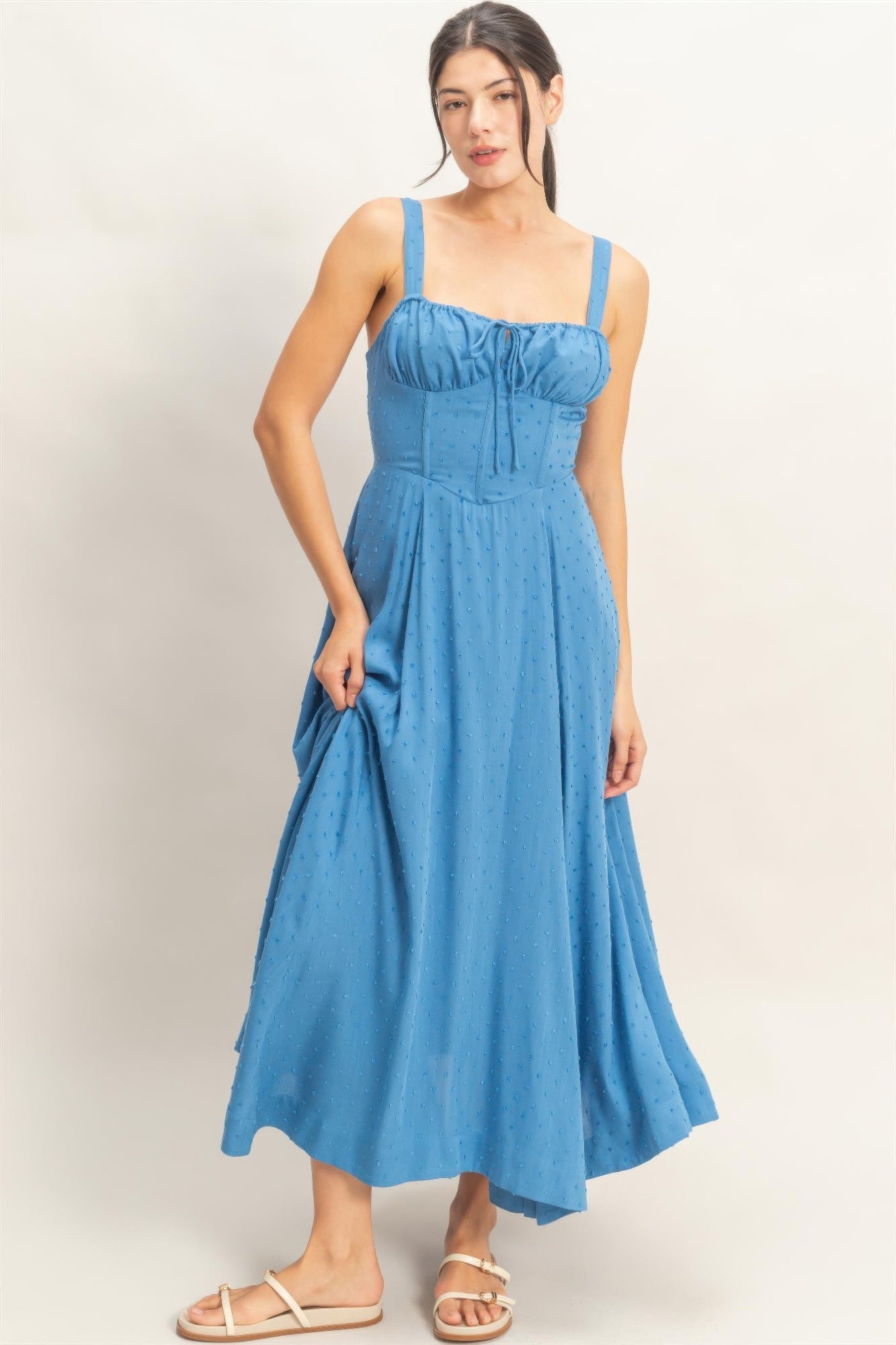 Azure Blue Ruched-Bust Slit Maxi Dress with thin straps and a ruched bust, worn by a model