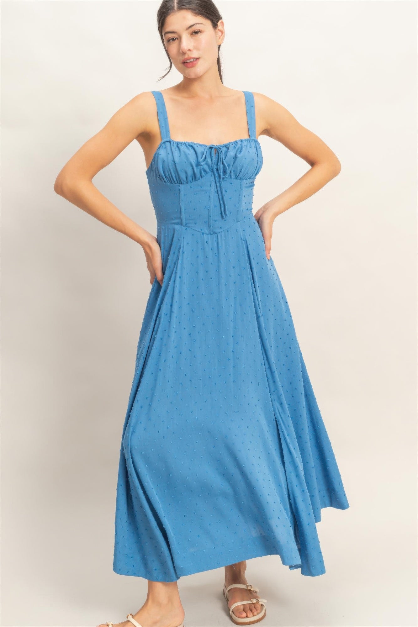 Azure Blue Ruched-Bust Slit Maxi Dress with spaghetti straps and a ruched bust