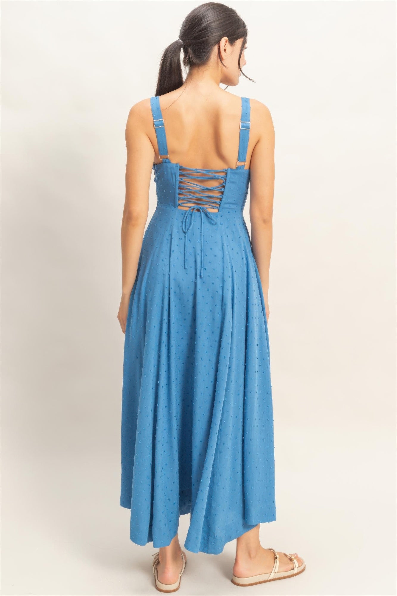 Azure Blue Ruched-Bust Slit Maxi Dress with lace-up back detail