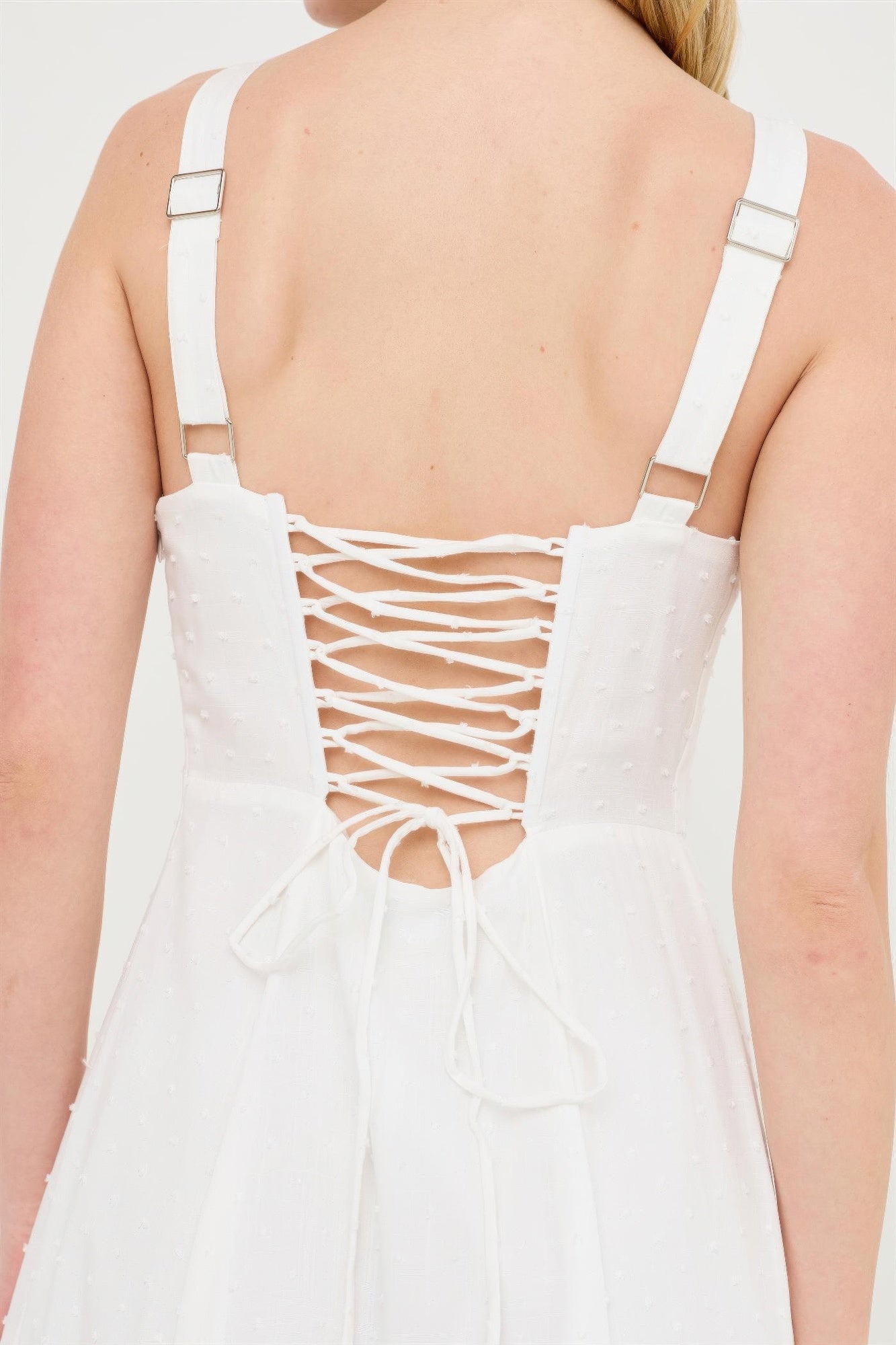 Pure White Corset-Detail Maxi Dress, back view, showing lace-up corset detail and shoulder straps