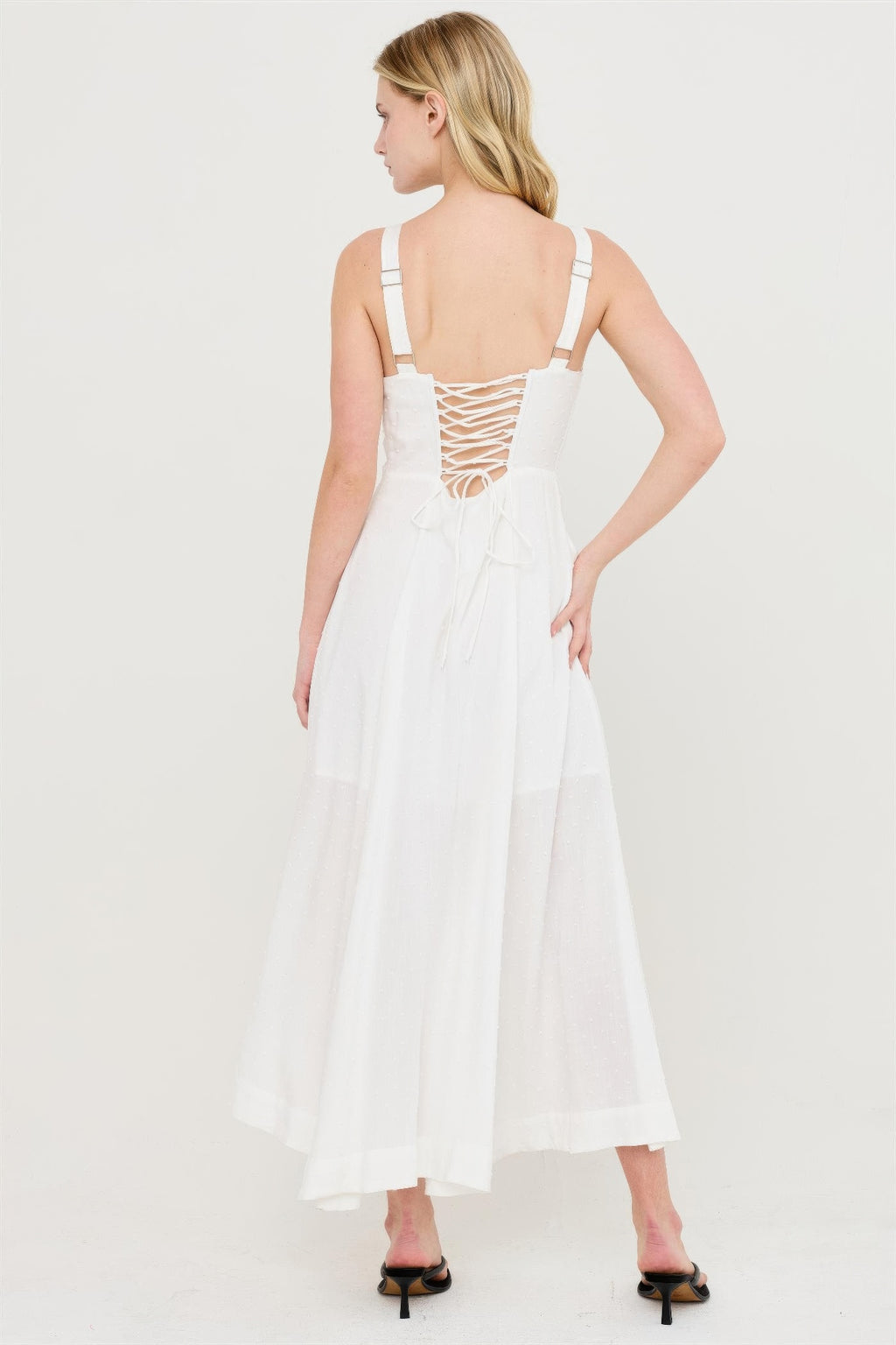 Pure White Corset-Detail Maxi Dress, back view, with lace-up detail and adjustable straps