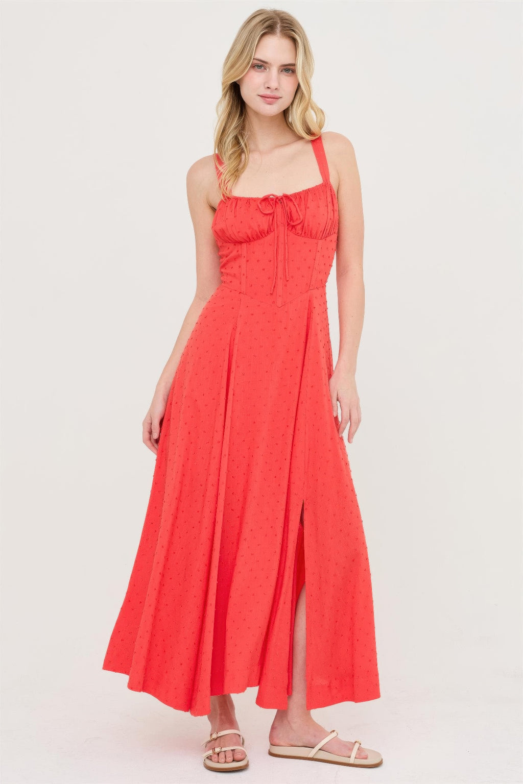 Coral Flame Ruched-Bust Slit Maxi Dress with thin straps and a tie-front bust