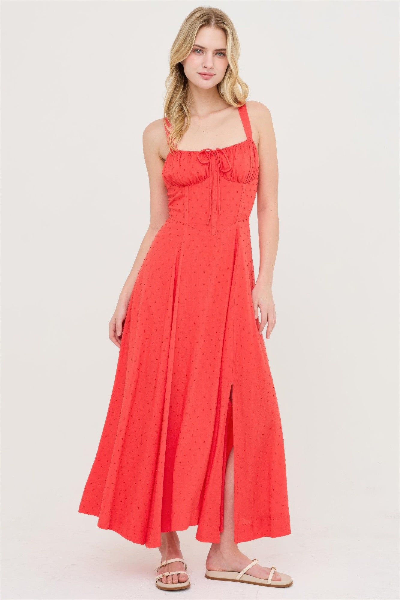 Coral Flame Ruched-Bust Slit Maxi Dress with thin straps and a tie-front bust