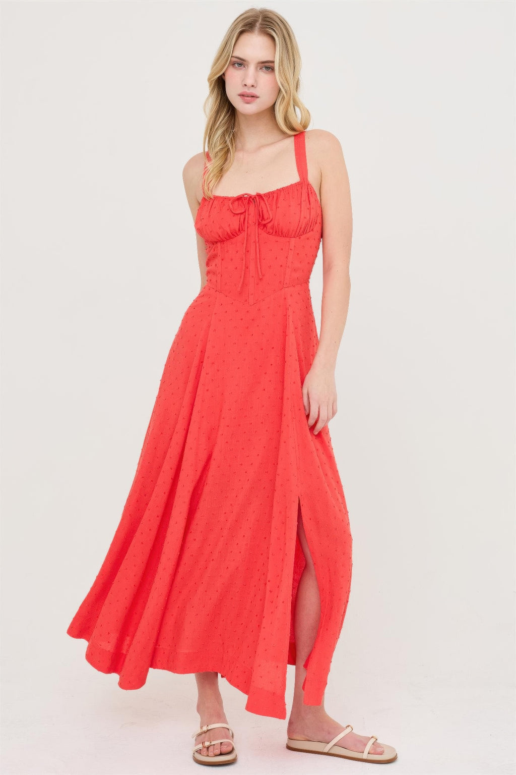 Coral Flame Ruched-Bust Slit Maxi Dress with thin straps and a tie-front bust
