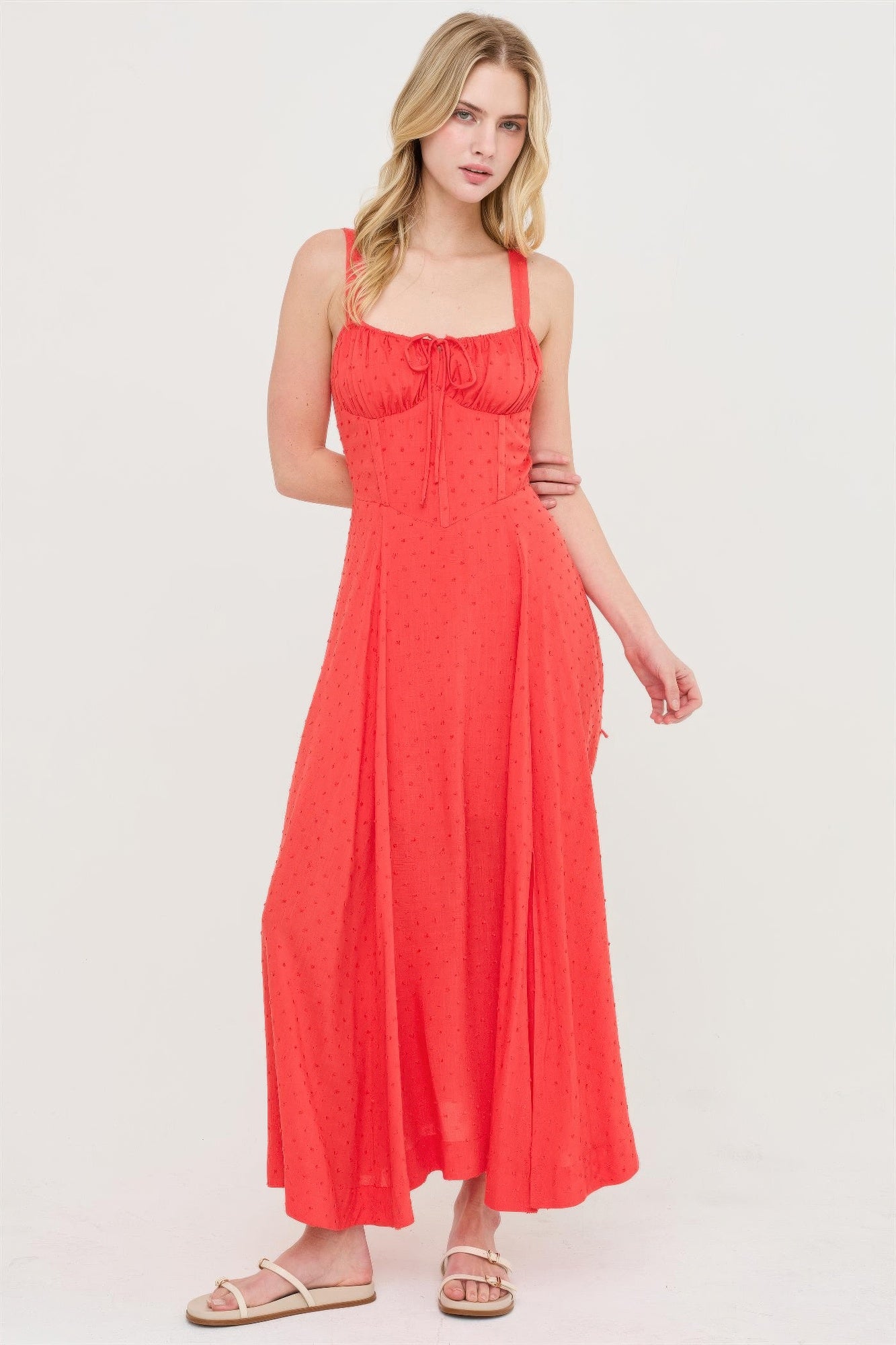 Coral Flame Ruched-Bust Slit Maxi Dress