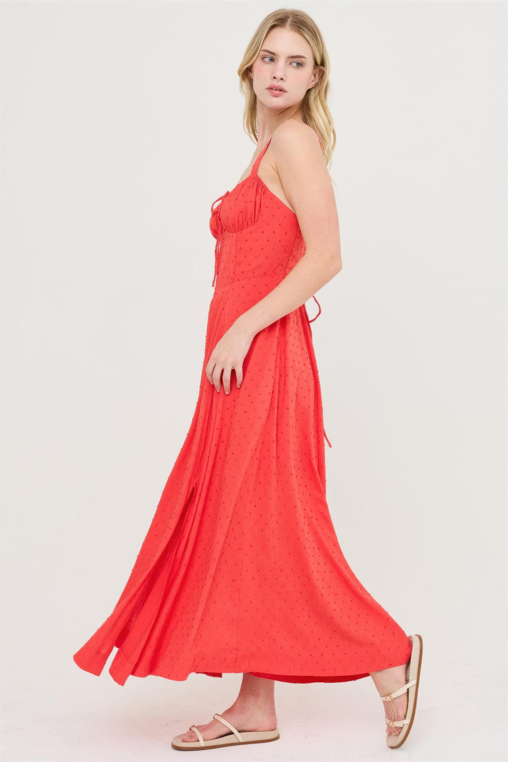 Coral Flame Ruched-Bust Slit Maxi Dress