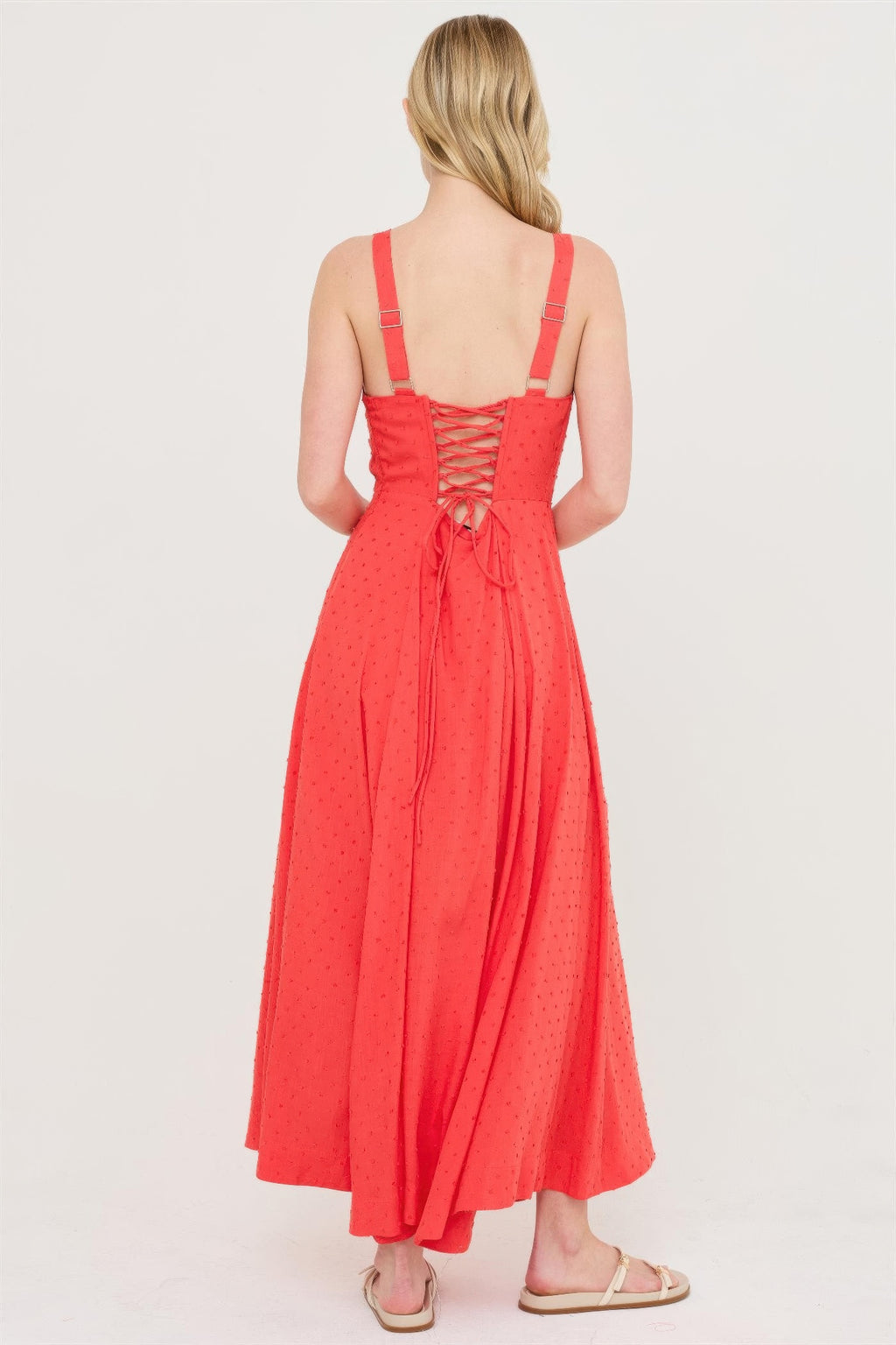 Coral Flame Ruched-Bust Slit Maxi Dress, back view, with lace-up detail and adjustable straps