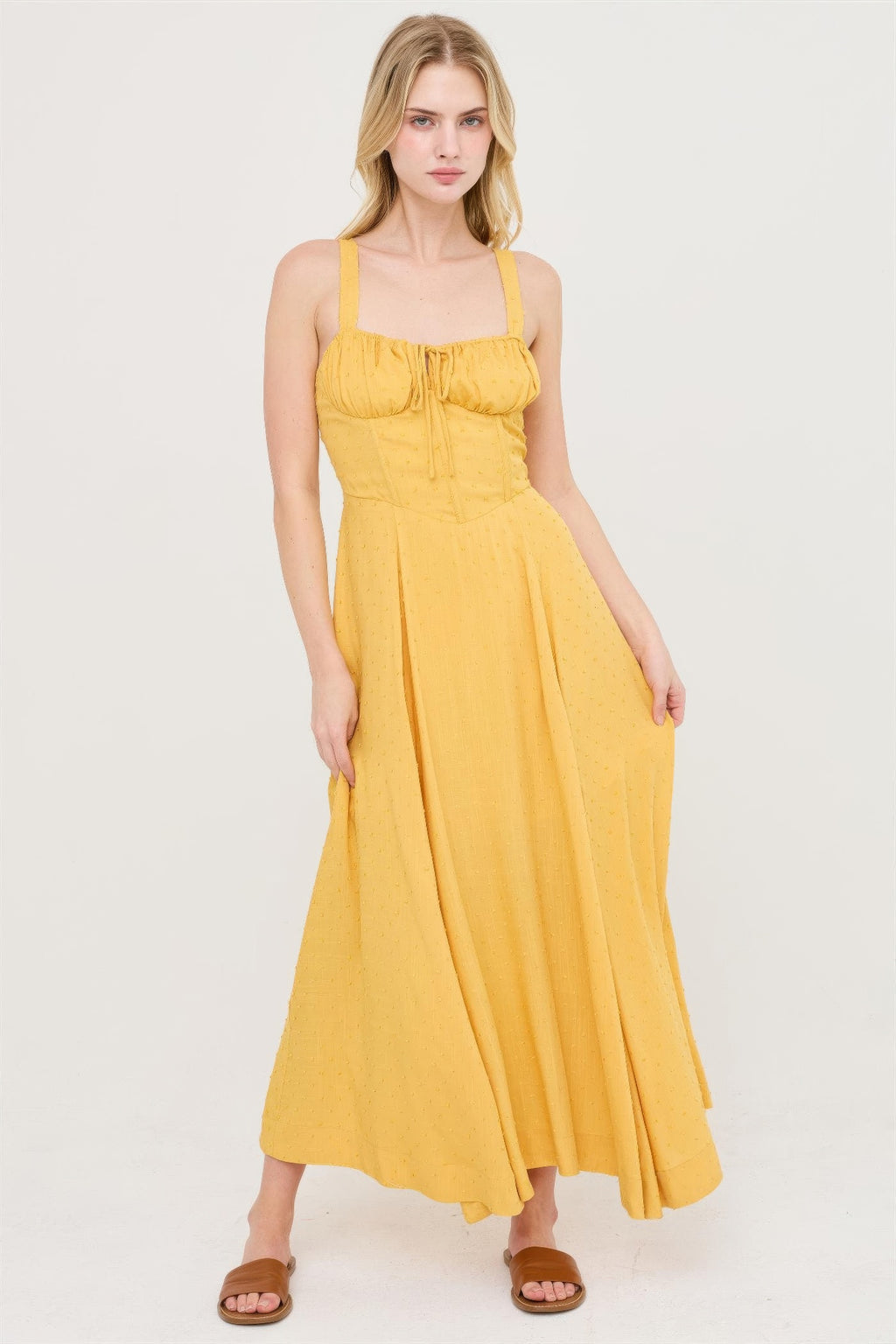 Sunlit Marigold Ruched-Bust Slit Maxi Dress