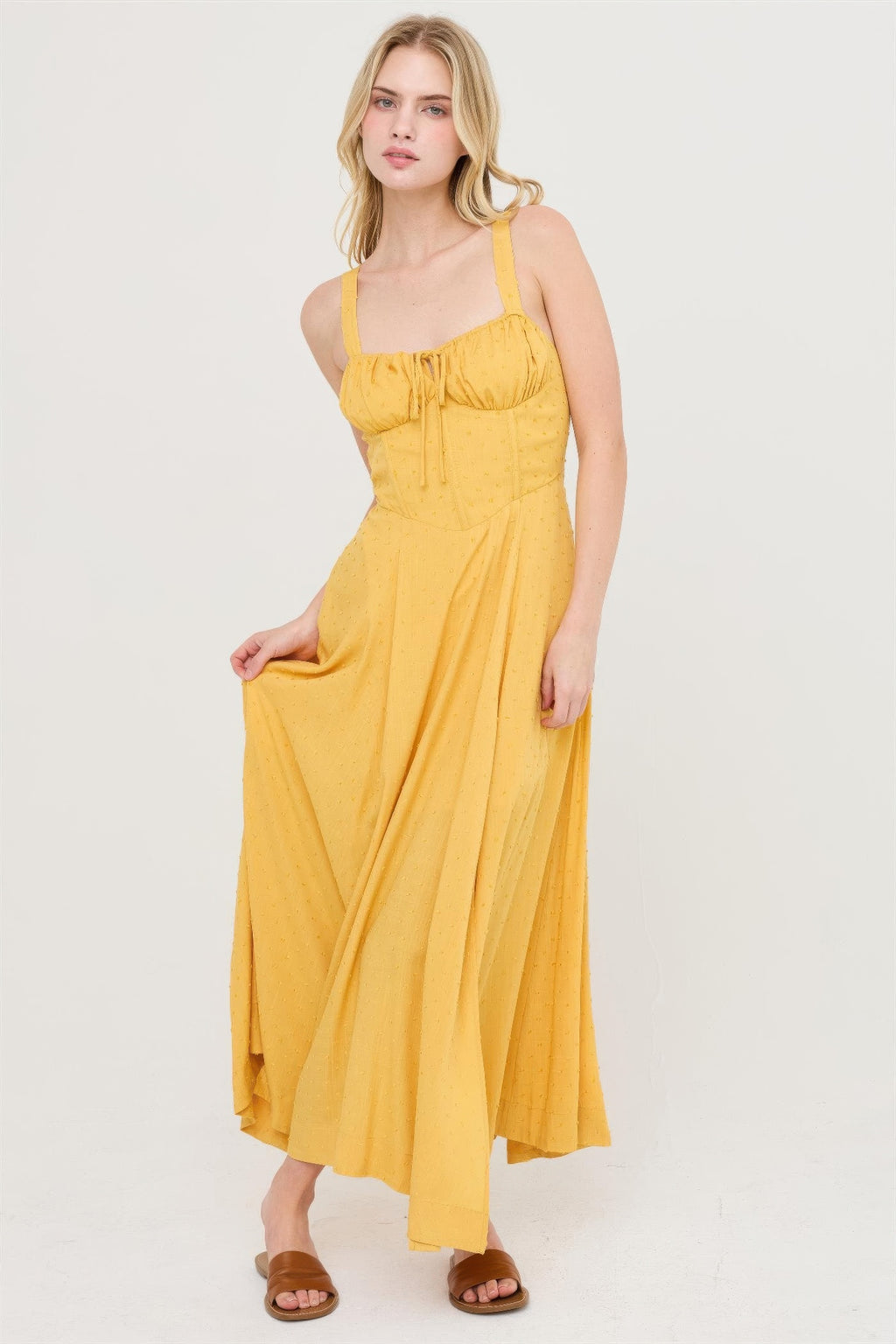 Sunlit Marigold Ruched-Bust Slit Maxi Dress