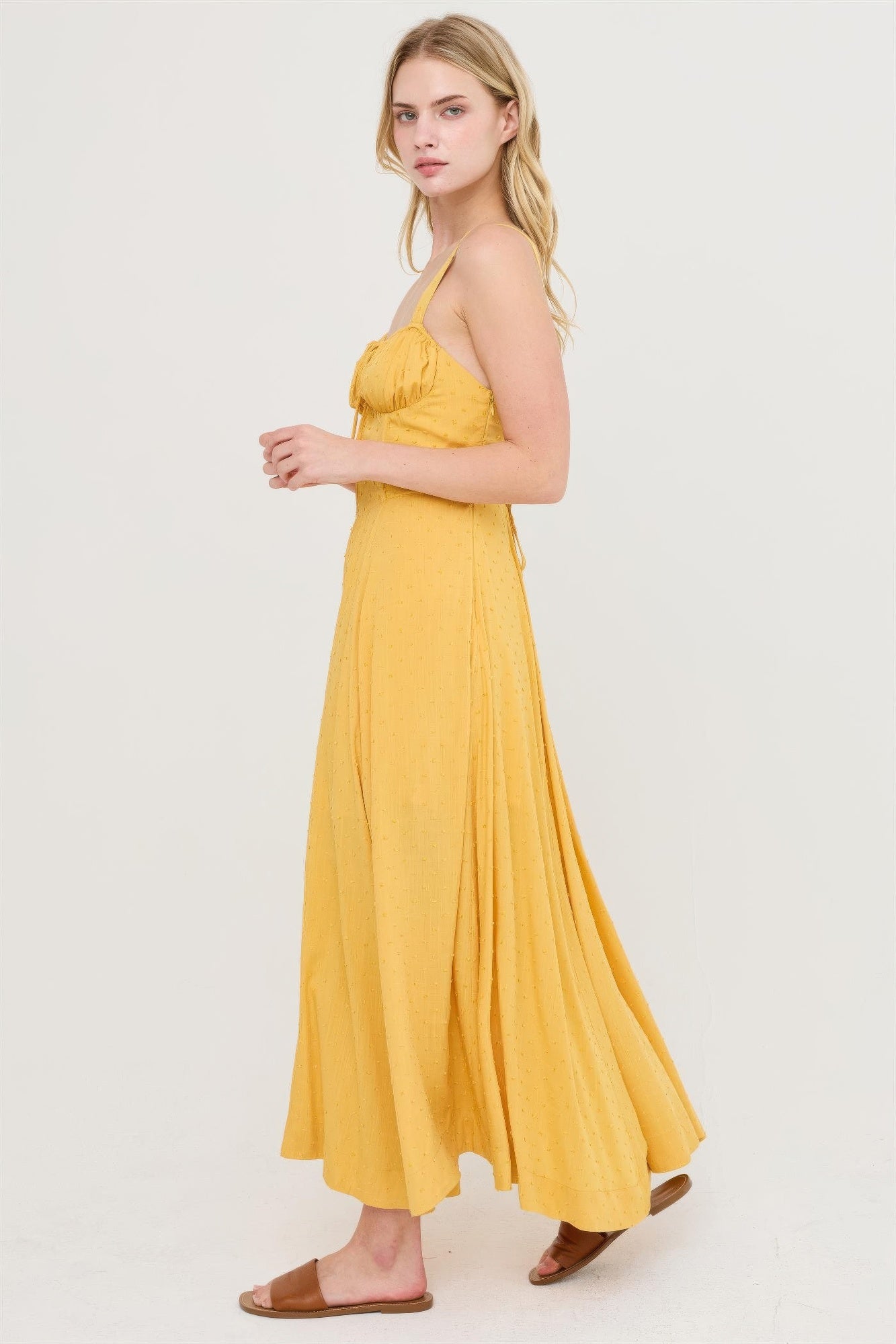 Sunlit Marigold Ruched-Bust Slit Maxi Dress