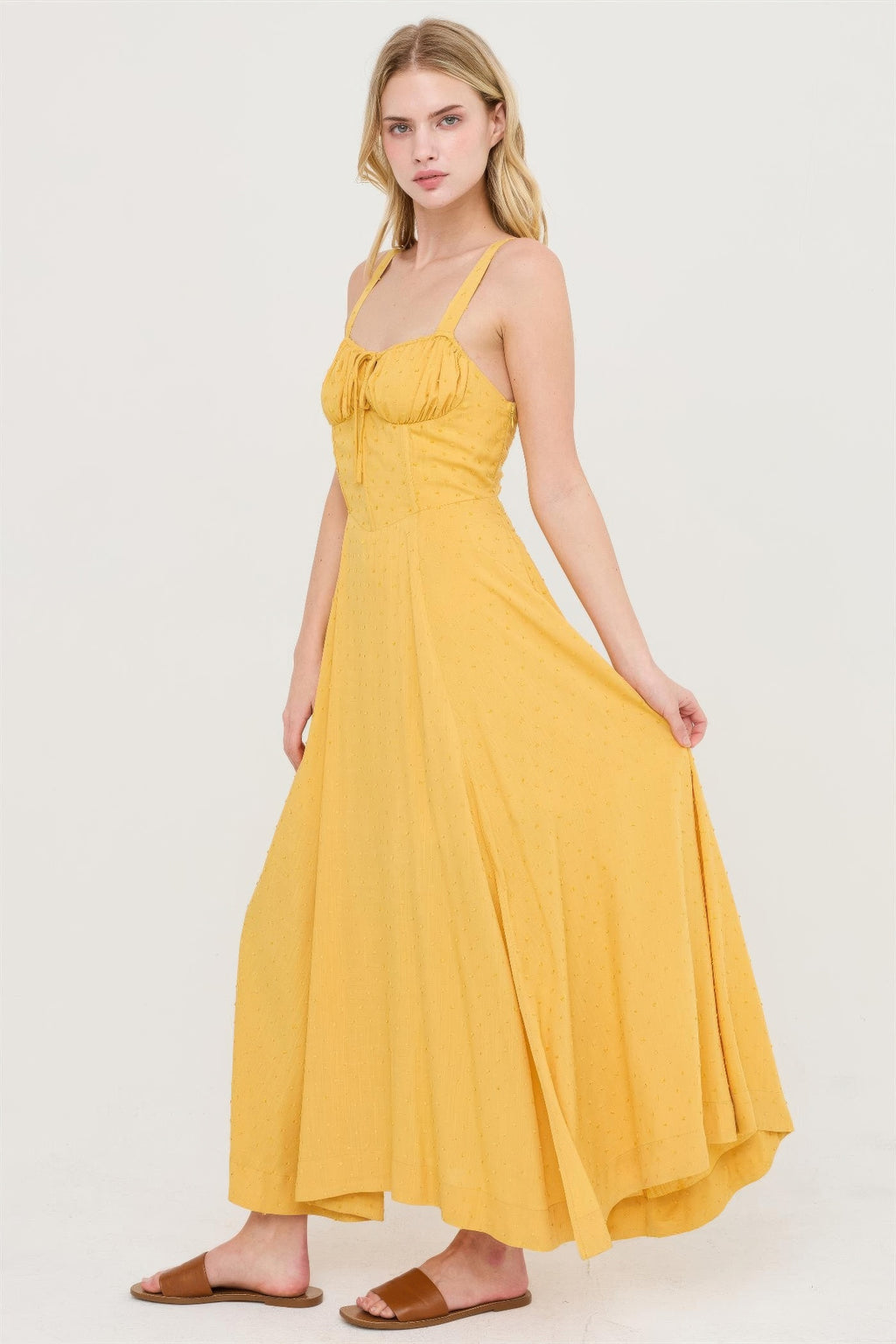 Sunlit Marigold Ruched-Bust Slit Maxi Dress