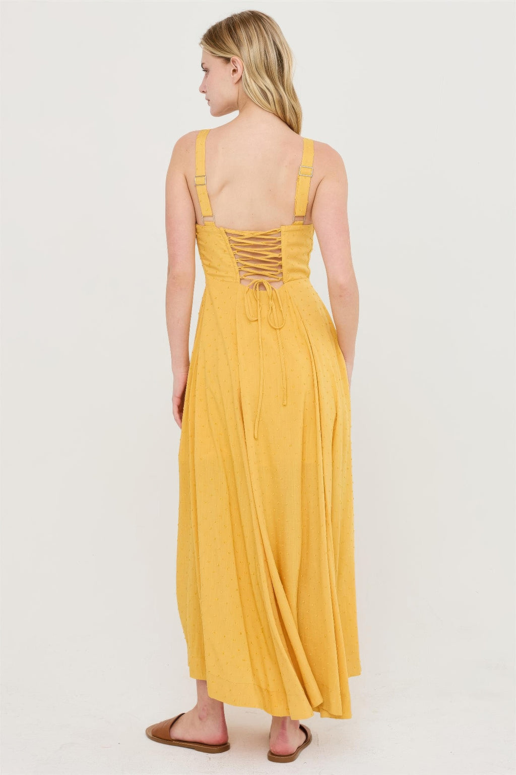 Sunlit Marigold Ruched-Bust Slit Maxi Dress, back view, with lace-up detail and adjustable straps