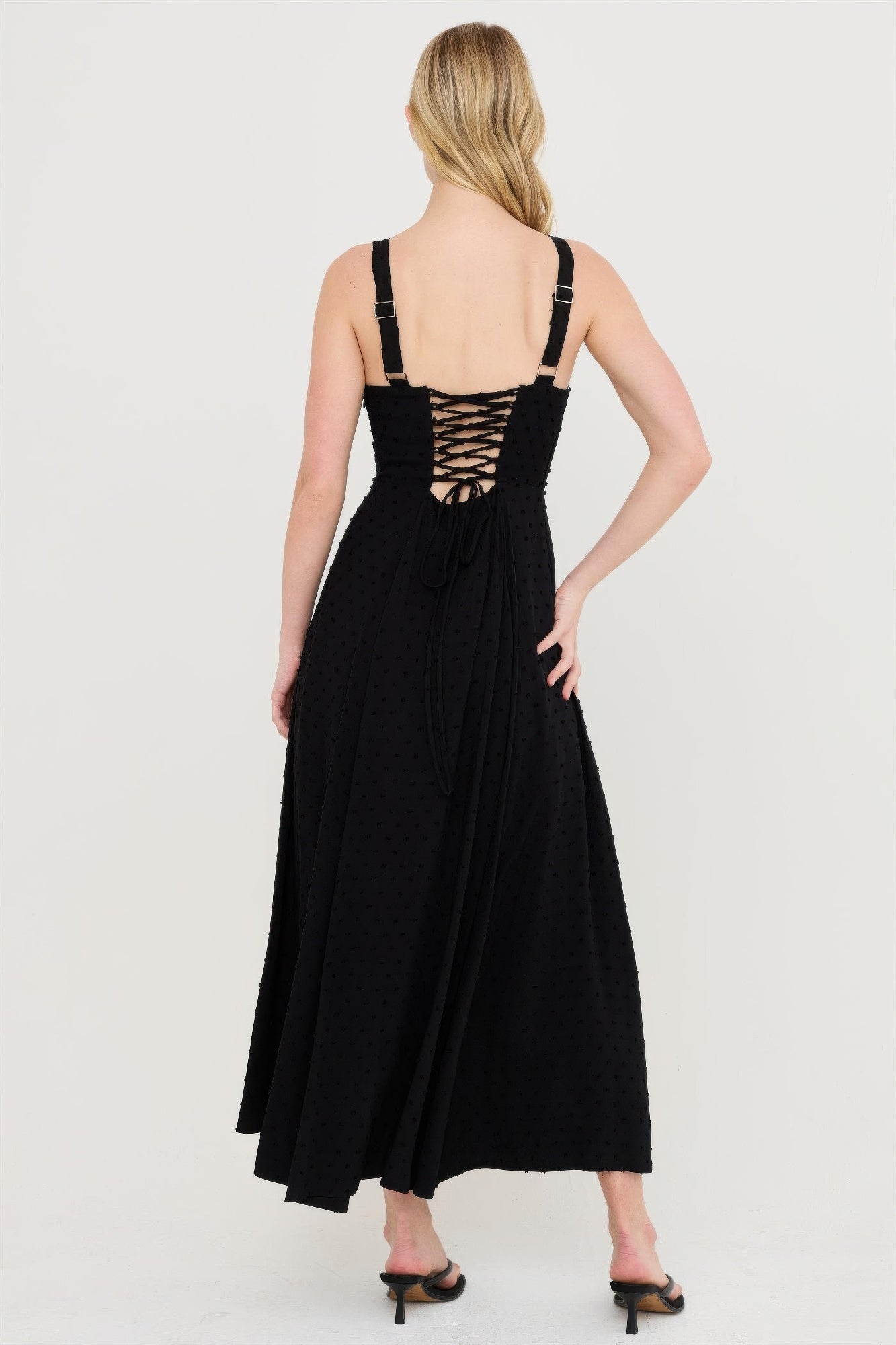 Ink Black Lace-Up Back Maxi Dress, rear view