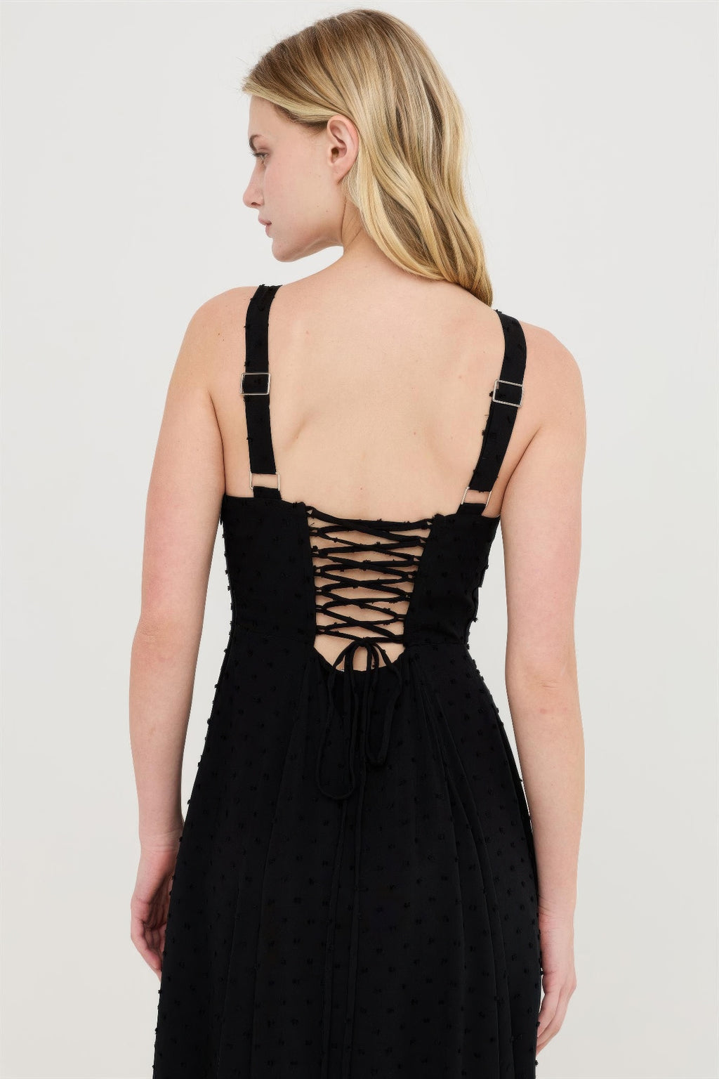 Ink Black Lace-Up Back Maxi Dress, rear view