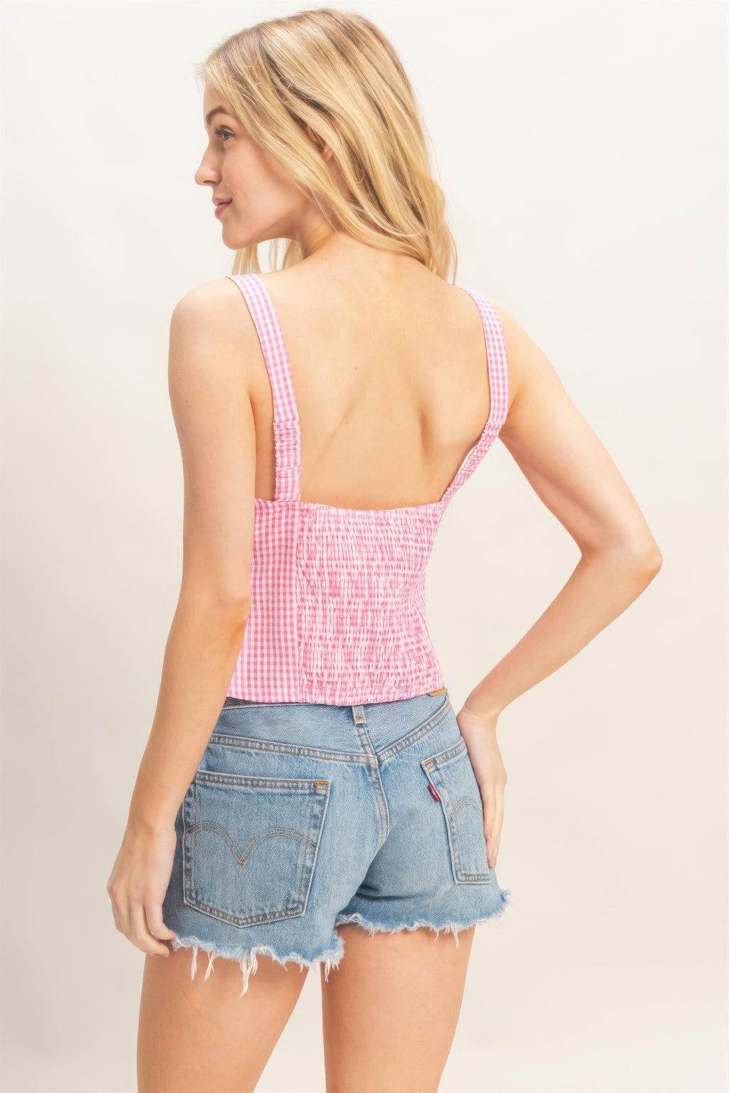 Petal Gingham Lace-Up Smocked Tank Top, back view