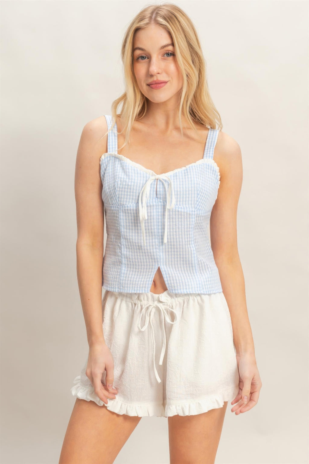 Porcelain Sky Blue Gingham Lace-Up Smocked Tank Top