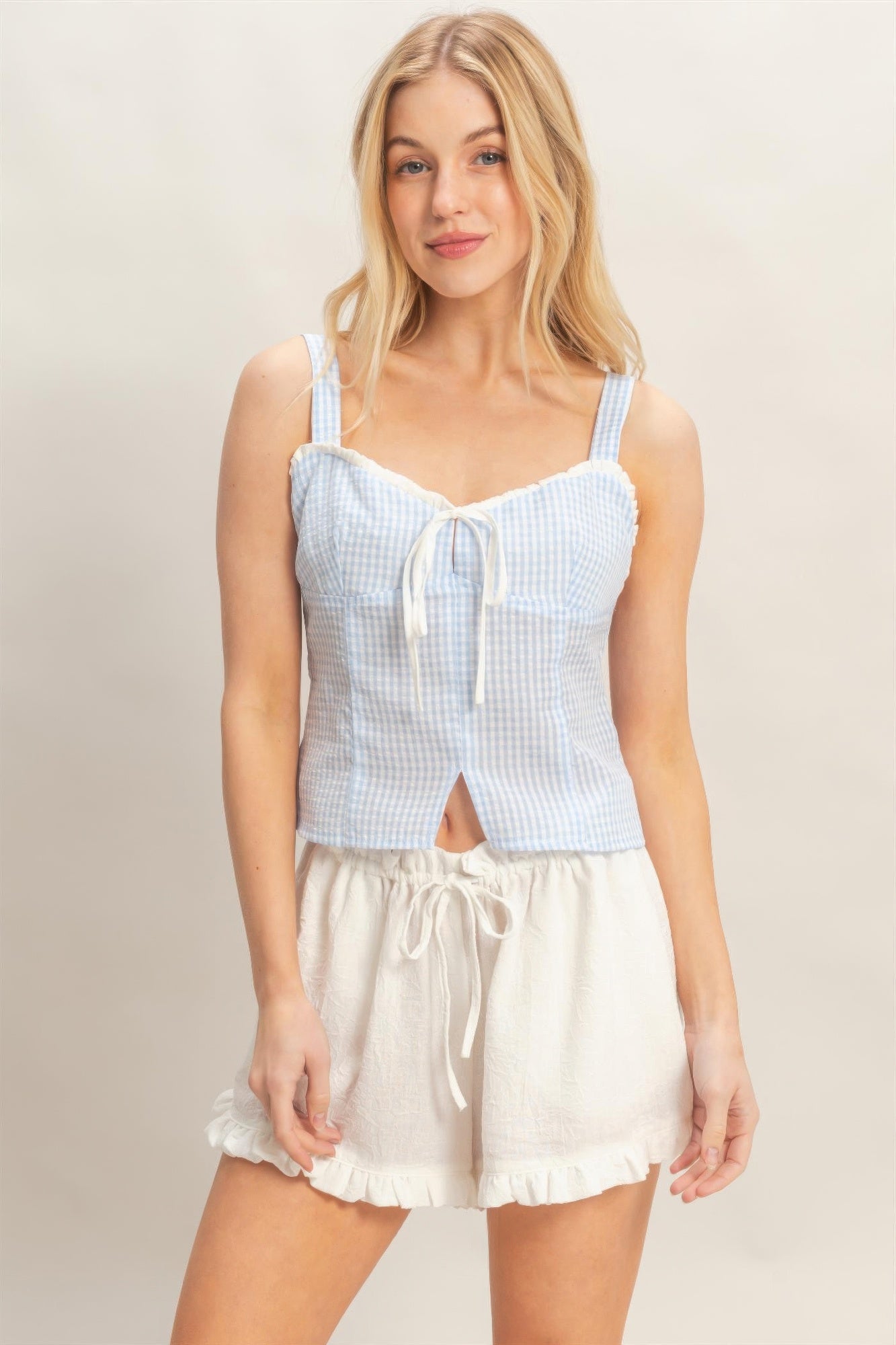Porcelain Sky Blue Gingham Lace-Up Smocked Tank Top