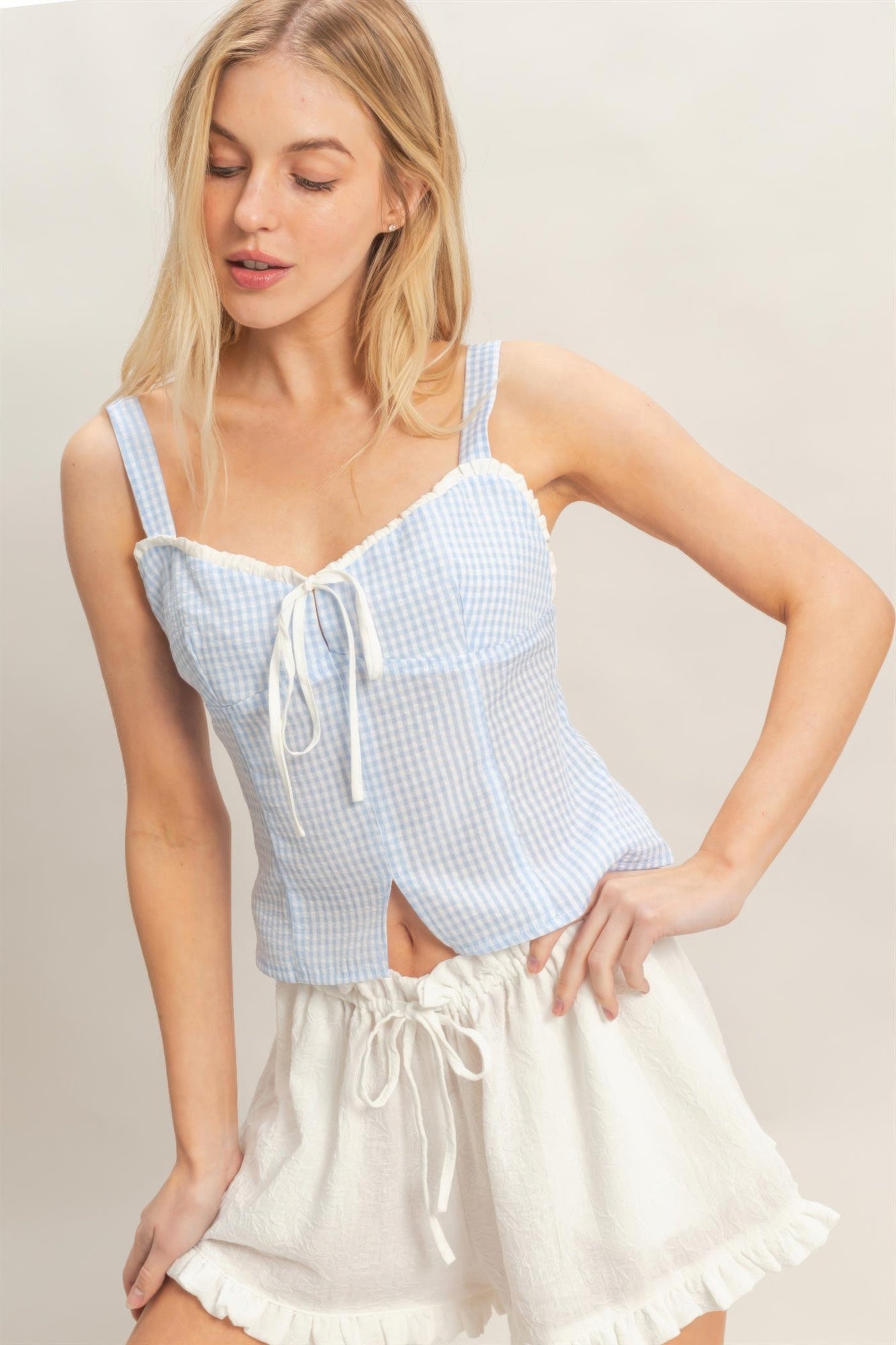 Porcelain Sky Blue Gingham Lace-Up Smocked Tank Top with white shorts