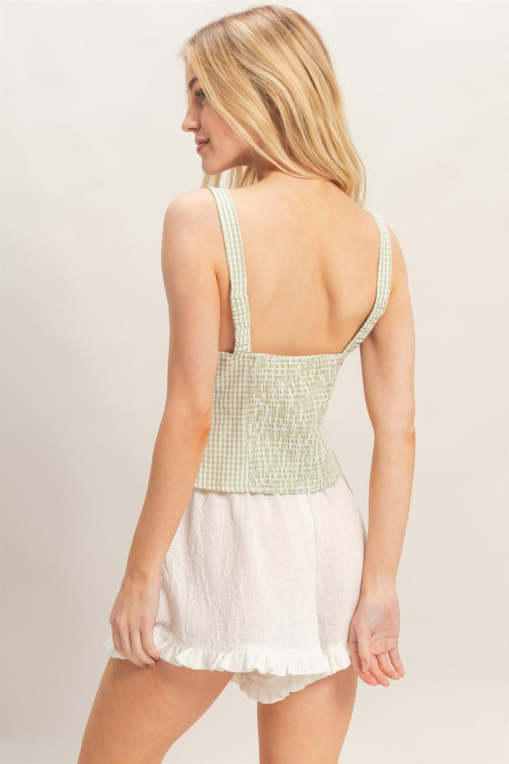 Pistachio Gingham Lace-Up Smocked Tank Top, back view