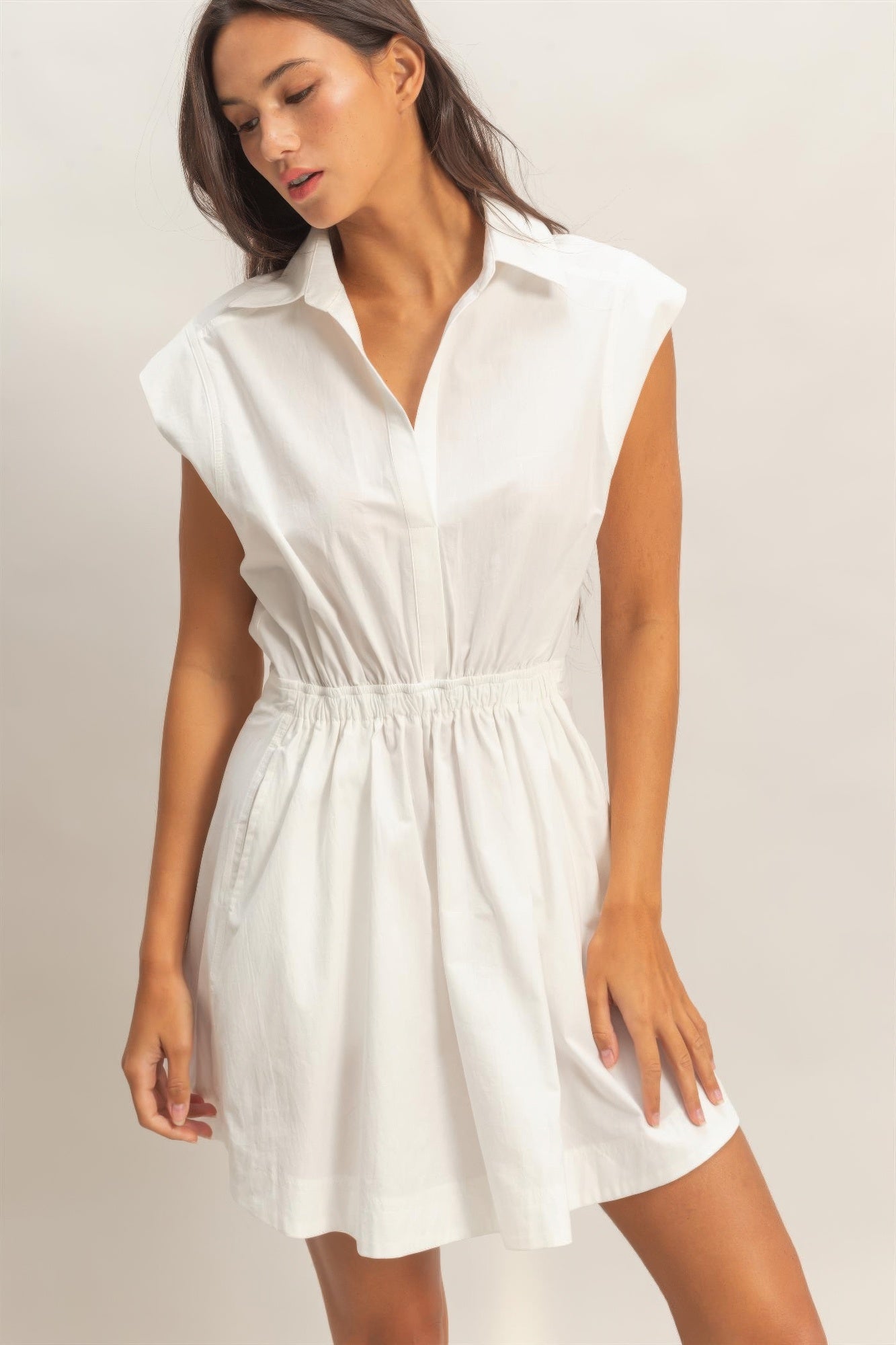 Pure White Collared Elastic-Waist Mini Dress