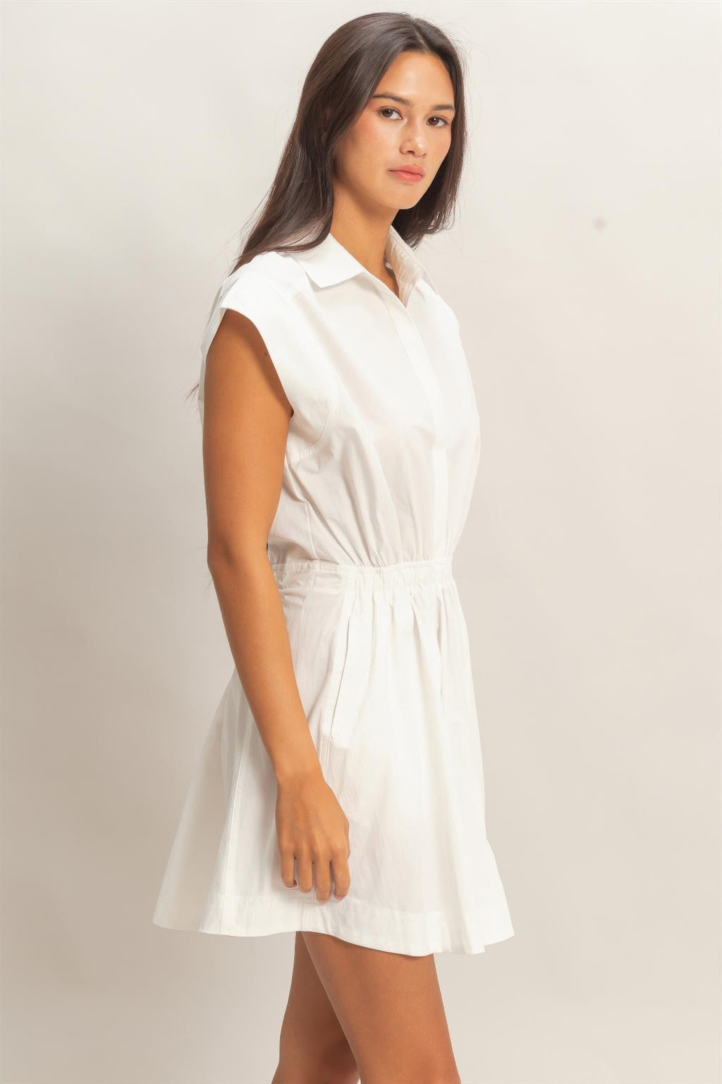 Pure White Collared Elastic-Waist Mini Dress