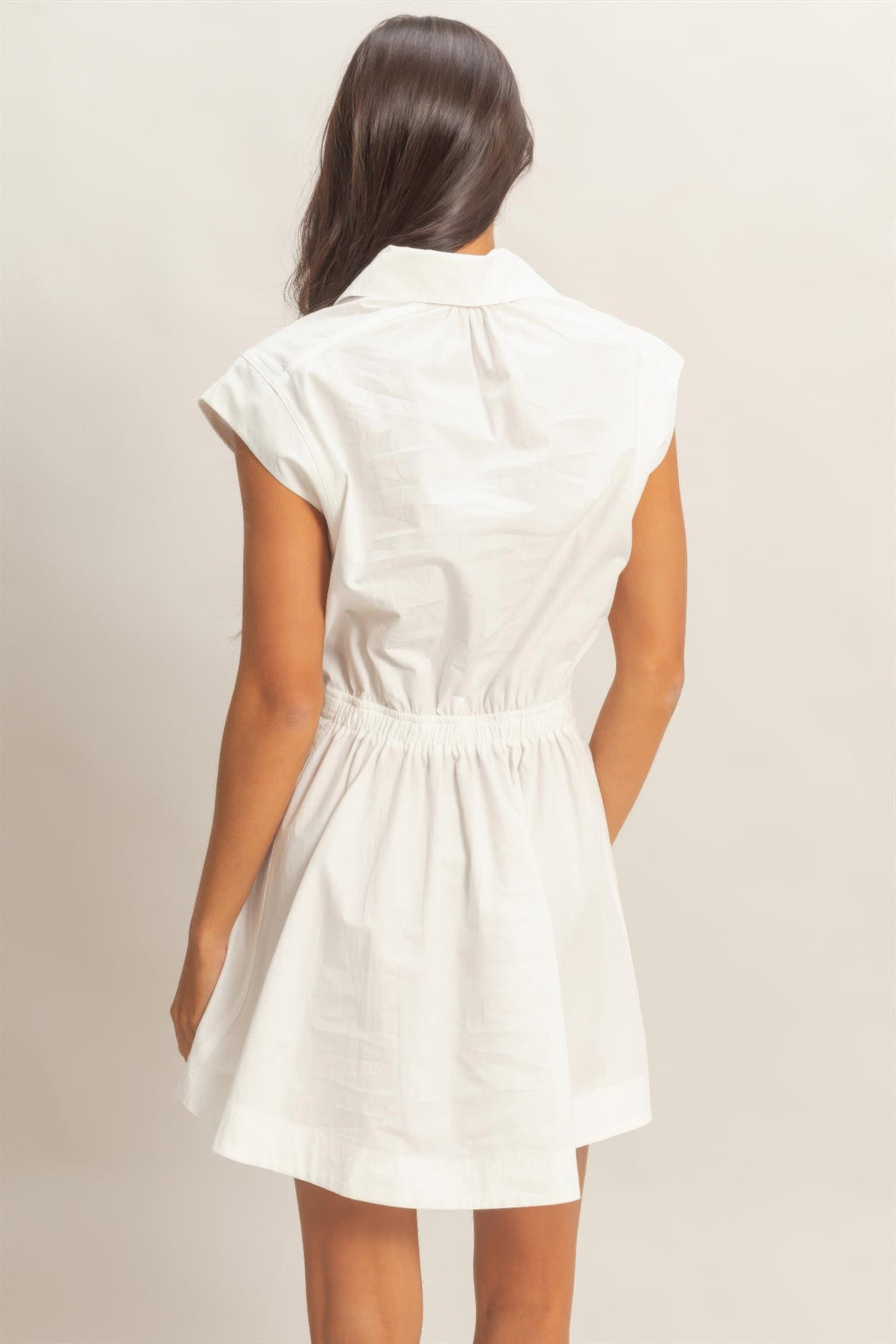 Pure White Collared Elastic-Waist Mini Dress, back view
