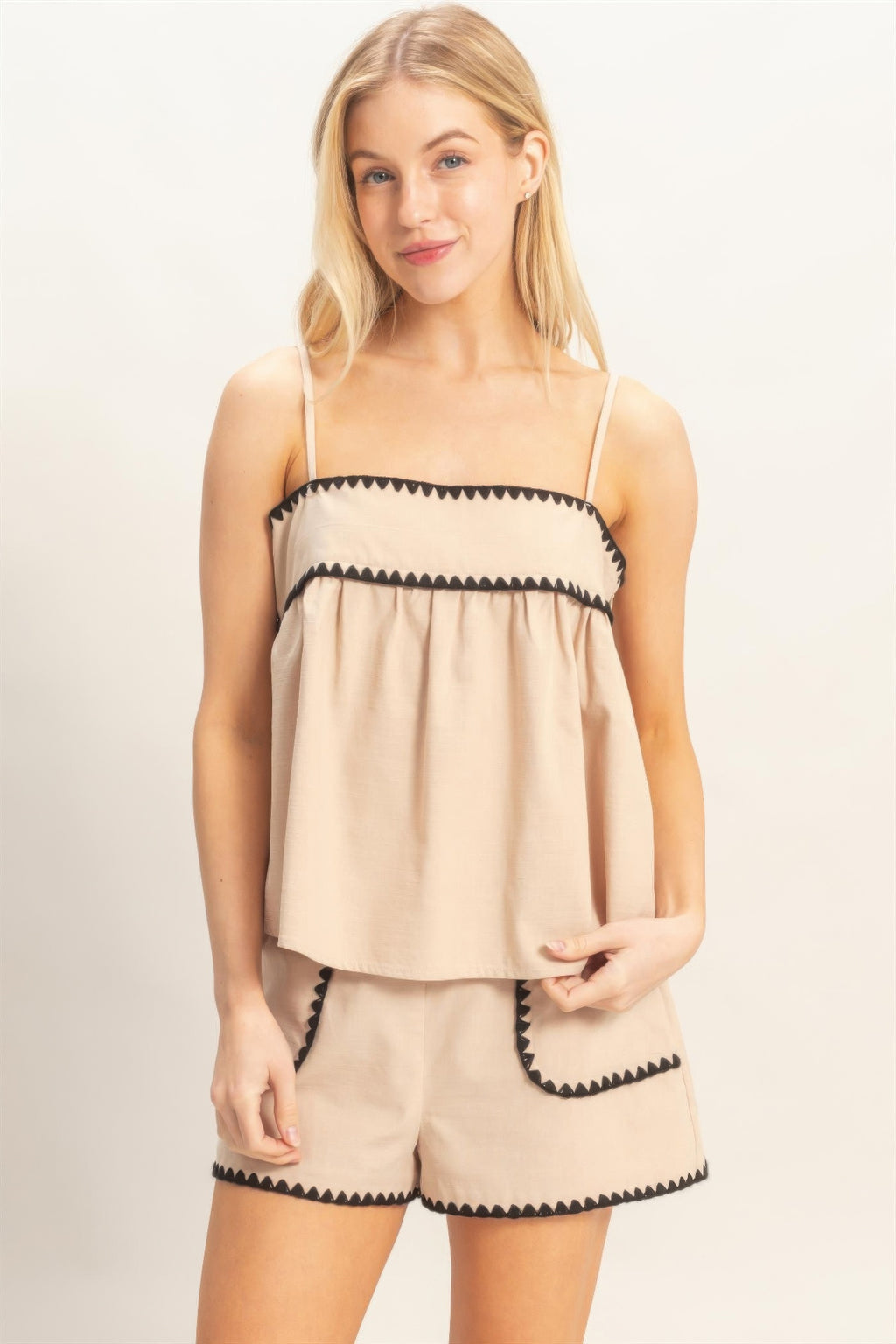 Soft Sand Contrast-Trim Babydoll Tank Top and matching shorts on a model