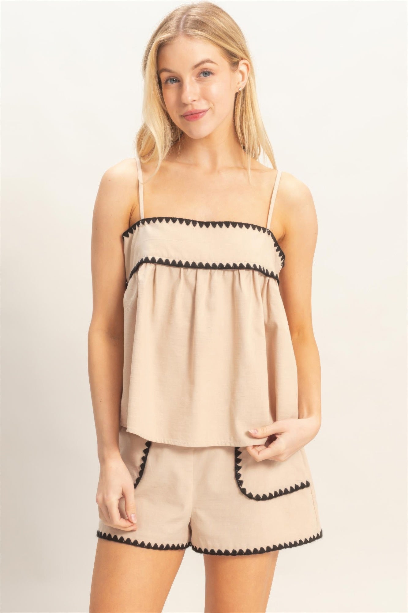 Soft Sand Contrast-Trim Babydoll Tank Top and matching shorts on a model