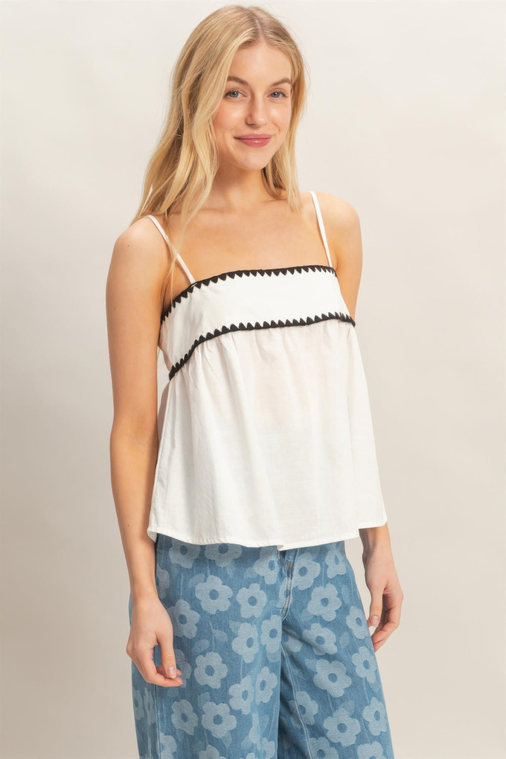 Porcelain White Contrast-Trim Babydoll Tank Top with thin straps and black trim