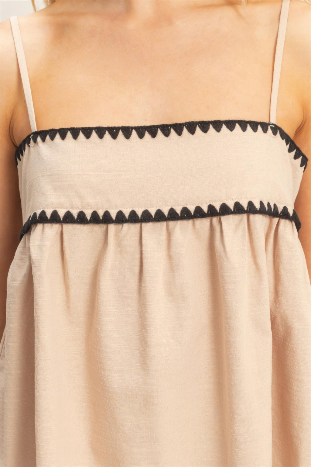 Soft Sand Contrast-Trim Babydoll Tank Top with black trim