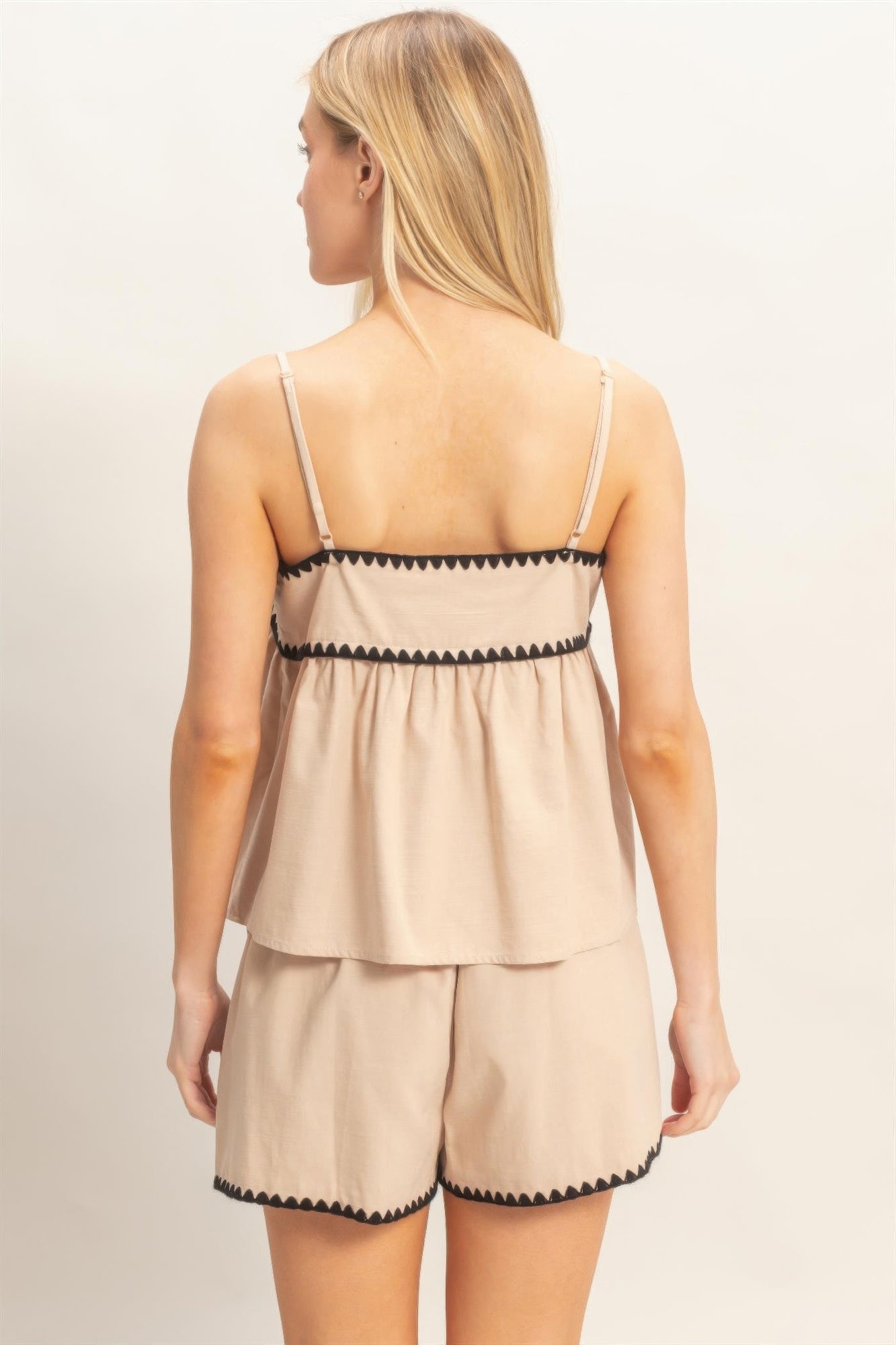 Soft Sand Contrast-Trim Babydoll Tank Top and matching shorts from behind