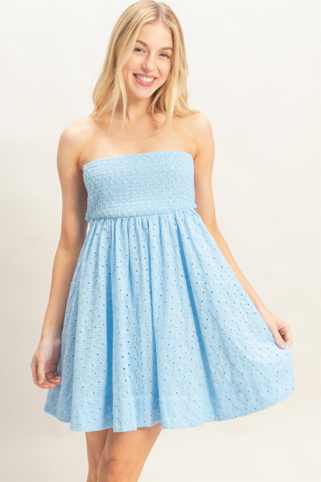 Porcelain Sky Blue Strapless Tie-Back Mini Dress