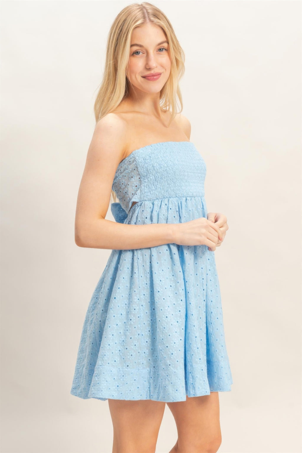 Porcelain Sky Blue Strapless Tie-Back Mini Dress