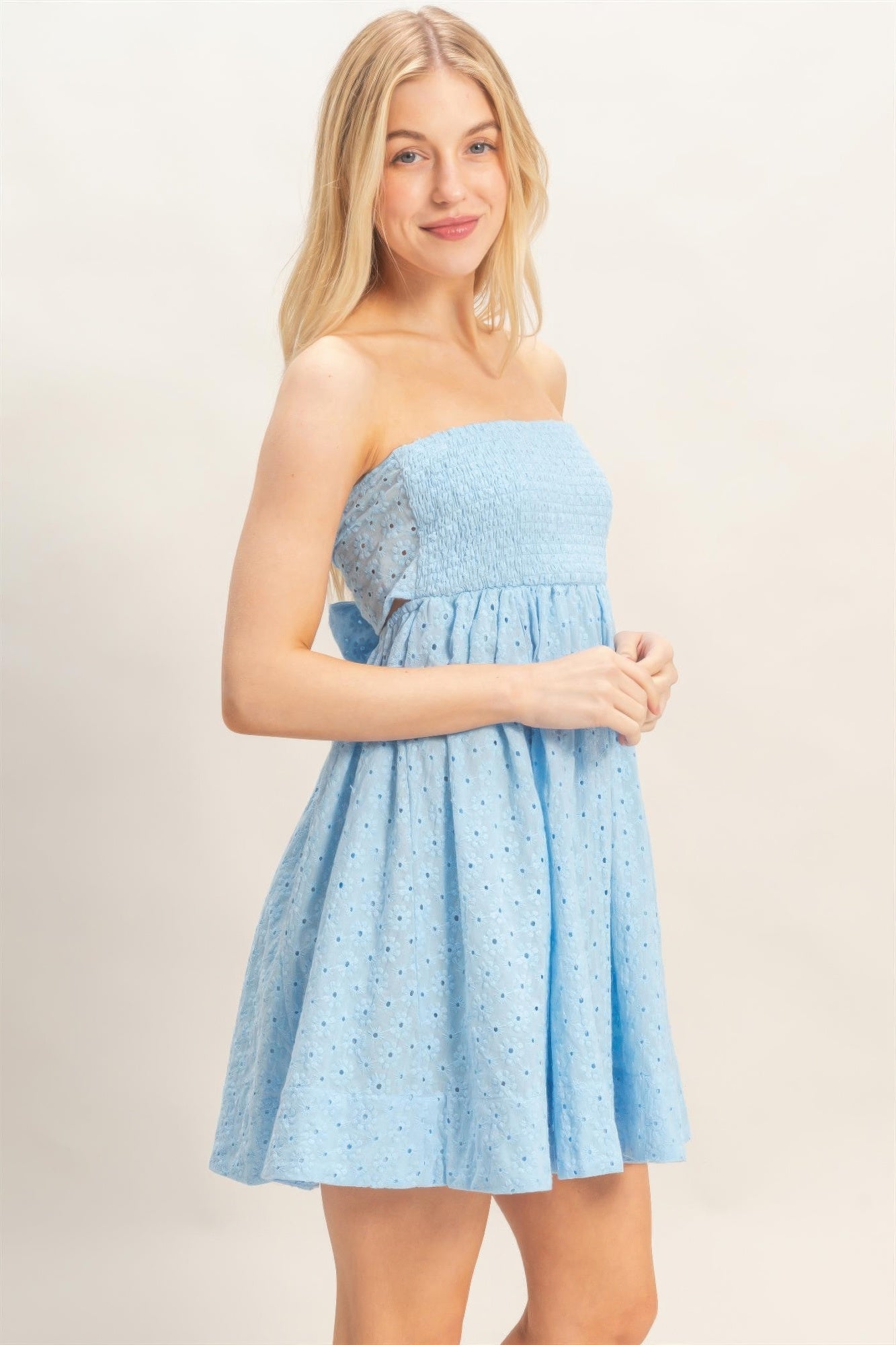 Porcelain Sky Blue Strapless Tie-Back Mini Dress