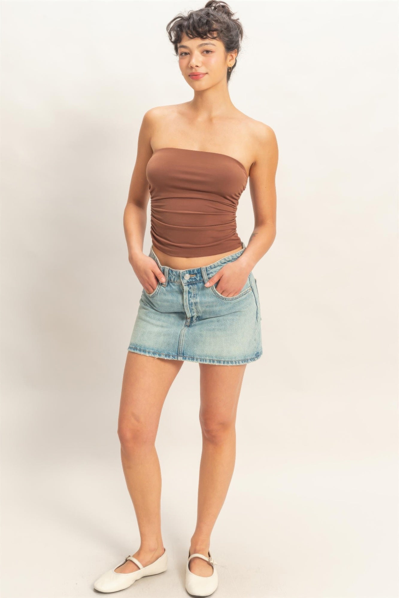 Cocoa Truffle Ruched Strapless Bodycon Top