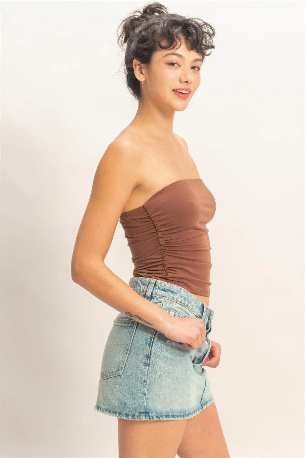 Cocoa Truffle Ruched Strapless Bodycon Top