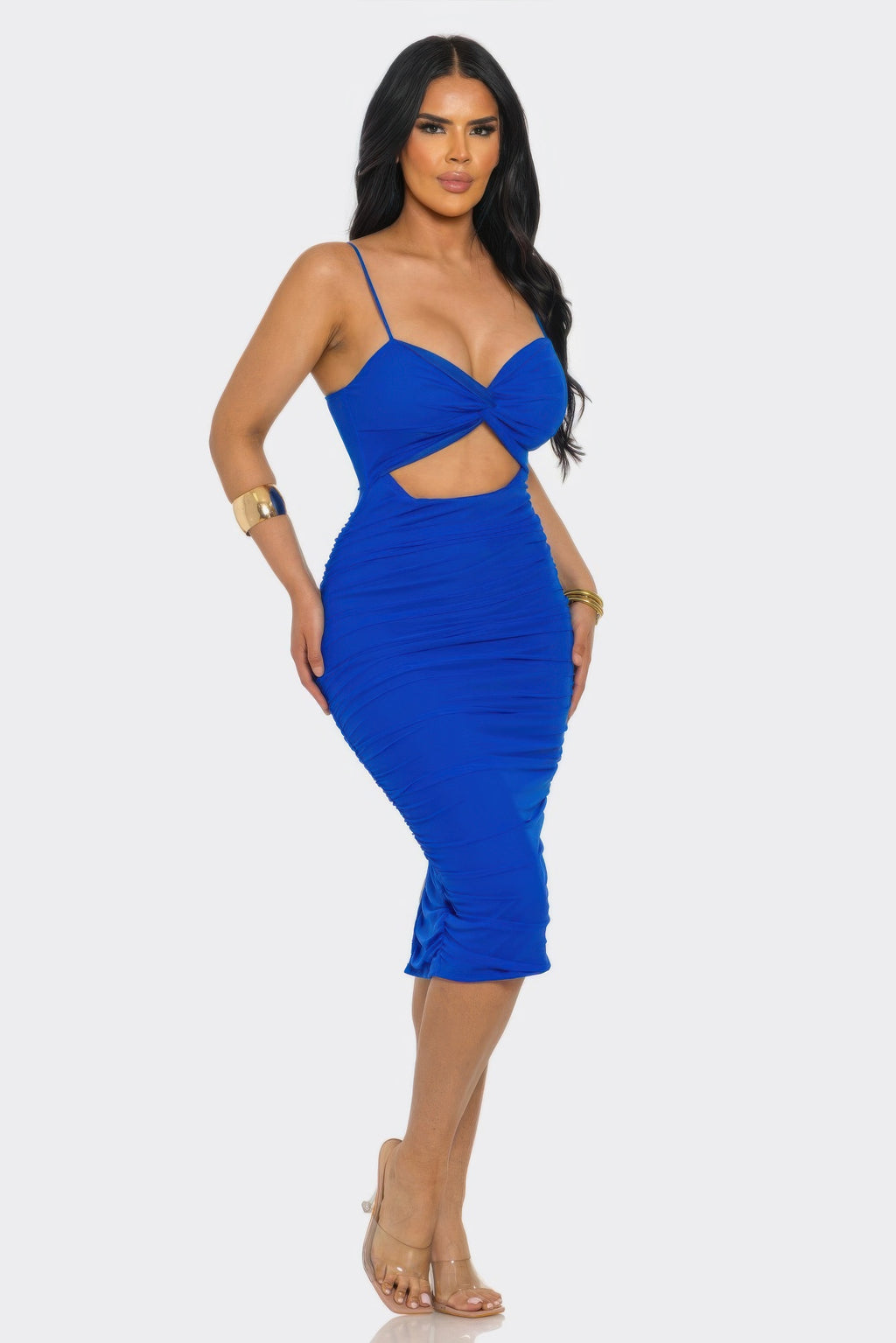 Cobalt Royale Twist-Front Ruched Midi Dress