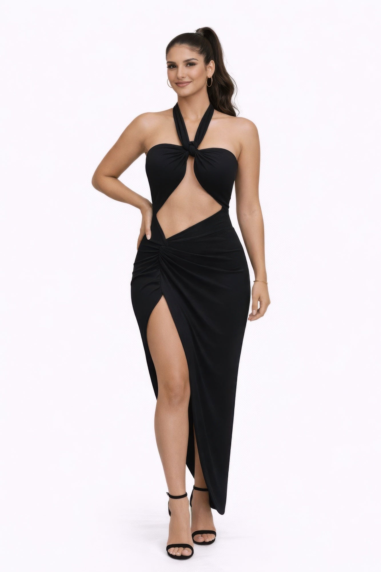 Ink Black Halter Cutout Ruched Maxi Dress