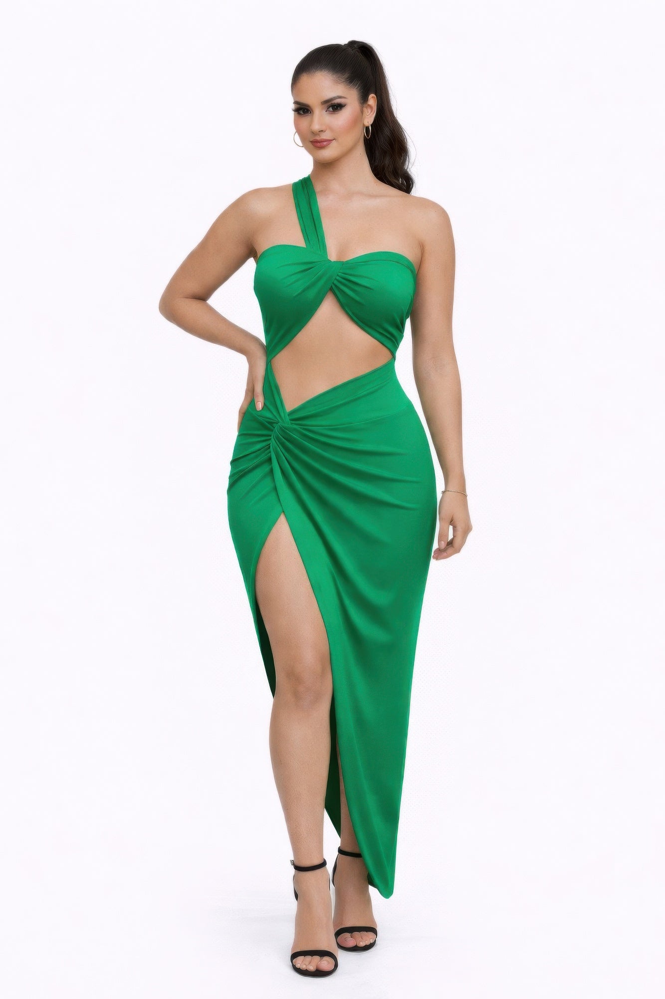 Emerald Verve Halter Cutout Ruched Maxi Dress