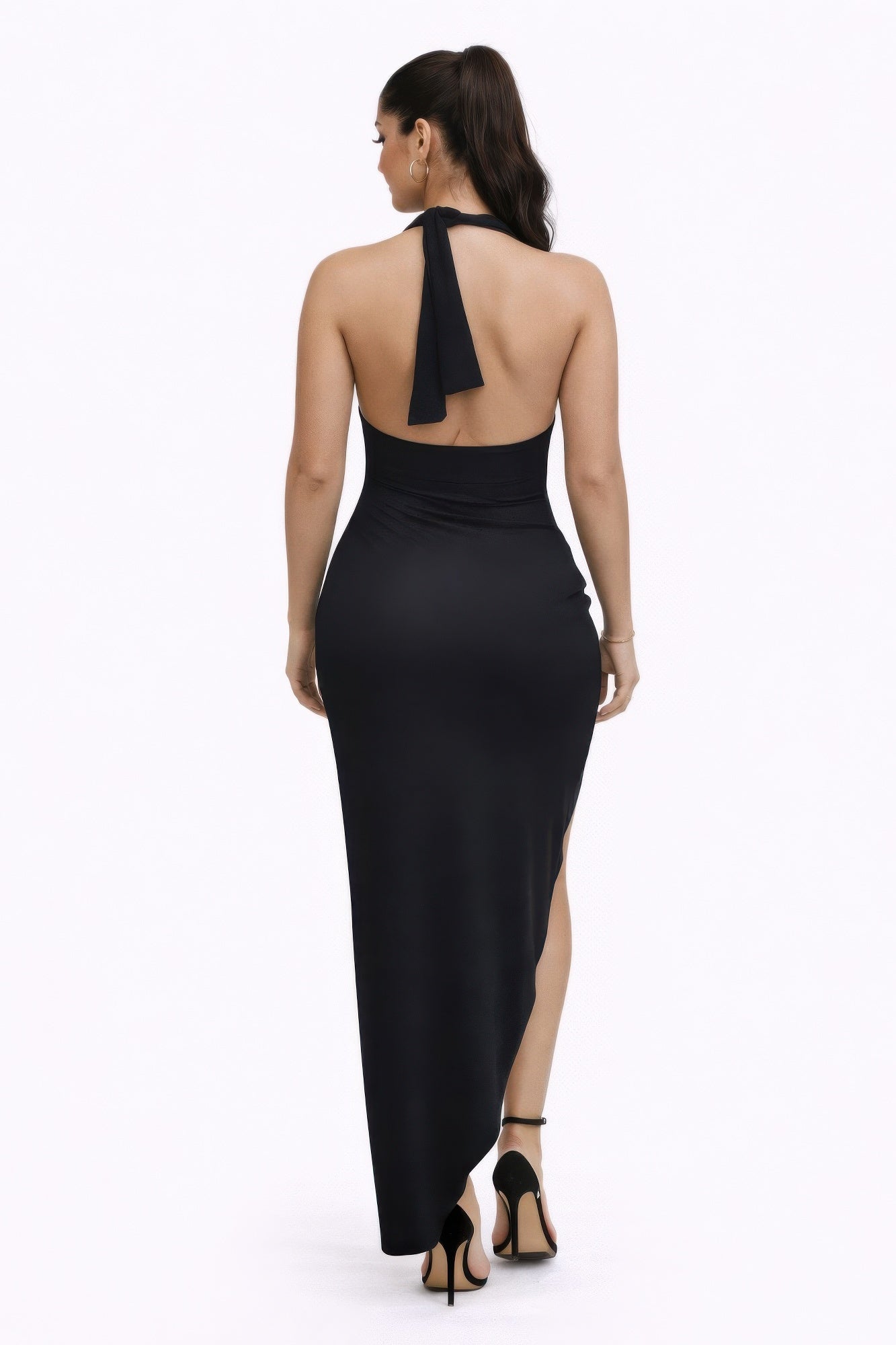 Ink Black Halter Cutout Ruched Maxi Dress, back view