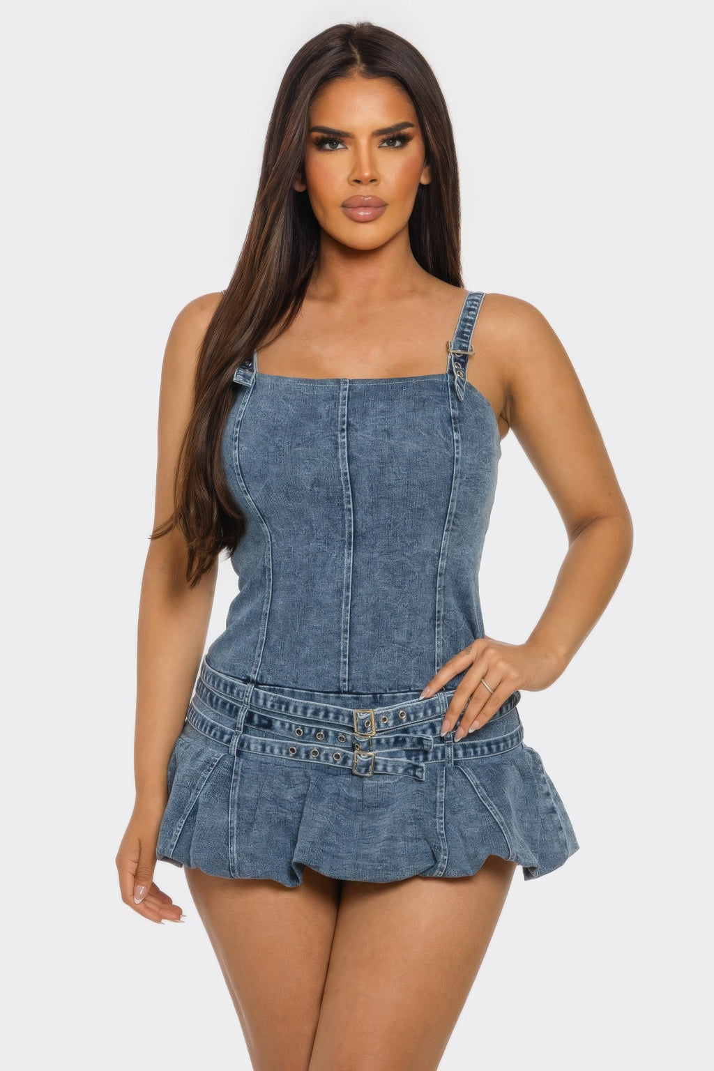 Washed Indigo Denim Corset Mini Dress with Ruffle Hem