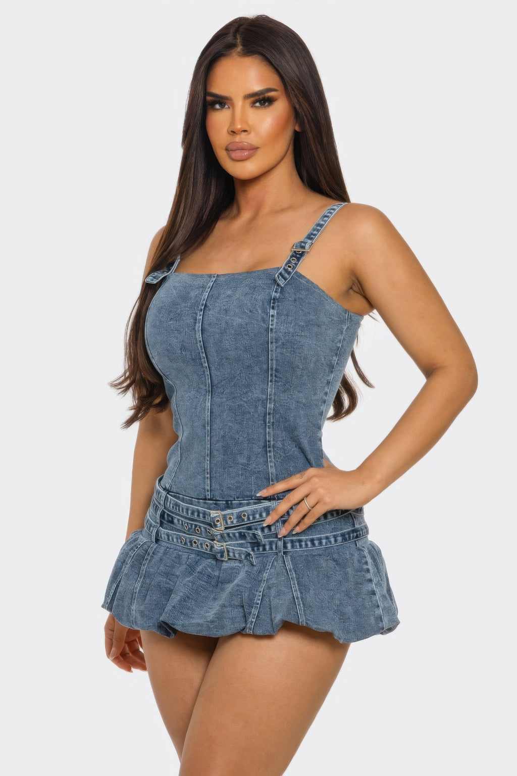 Washed Indigo Denim Corset Mini Dress with Ruffle Hem