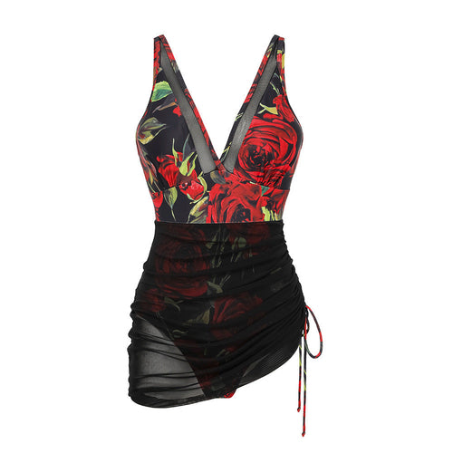 Swimsuit Mesh Stitching One Piece Printed One Piece Swimsuit Women with red rose print and black mesh