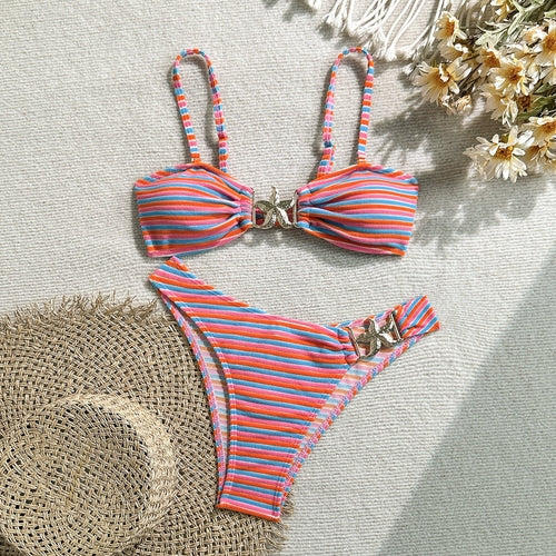 Sexy Striped Two Piece Bikini Swimsuit with gold starfish accents