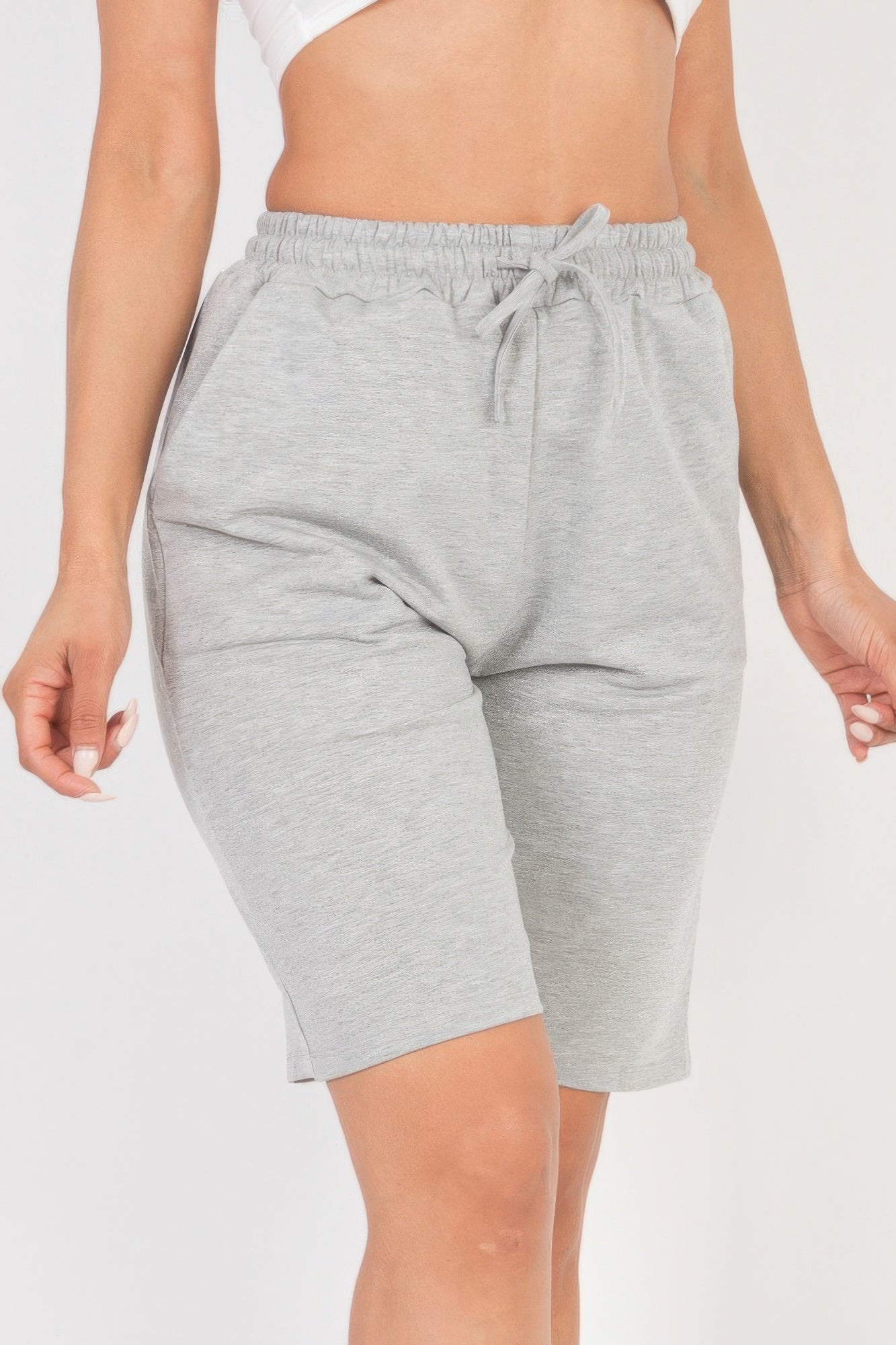Smocked-Waist Bermuda Shorts in light grey with a drawstring waist