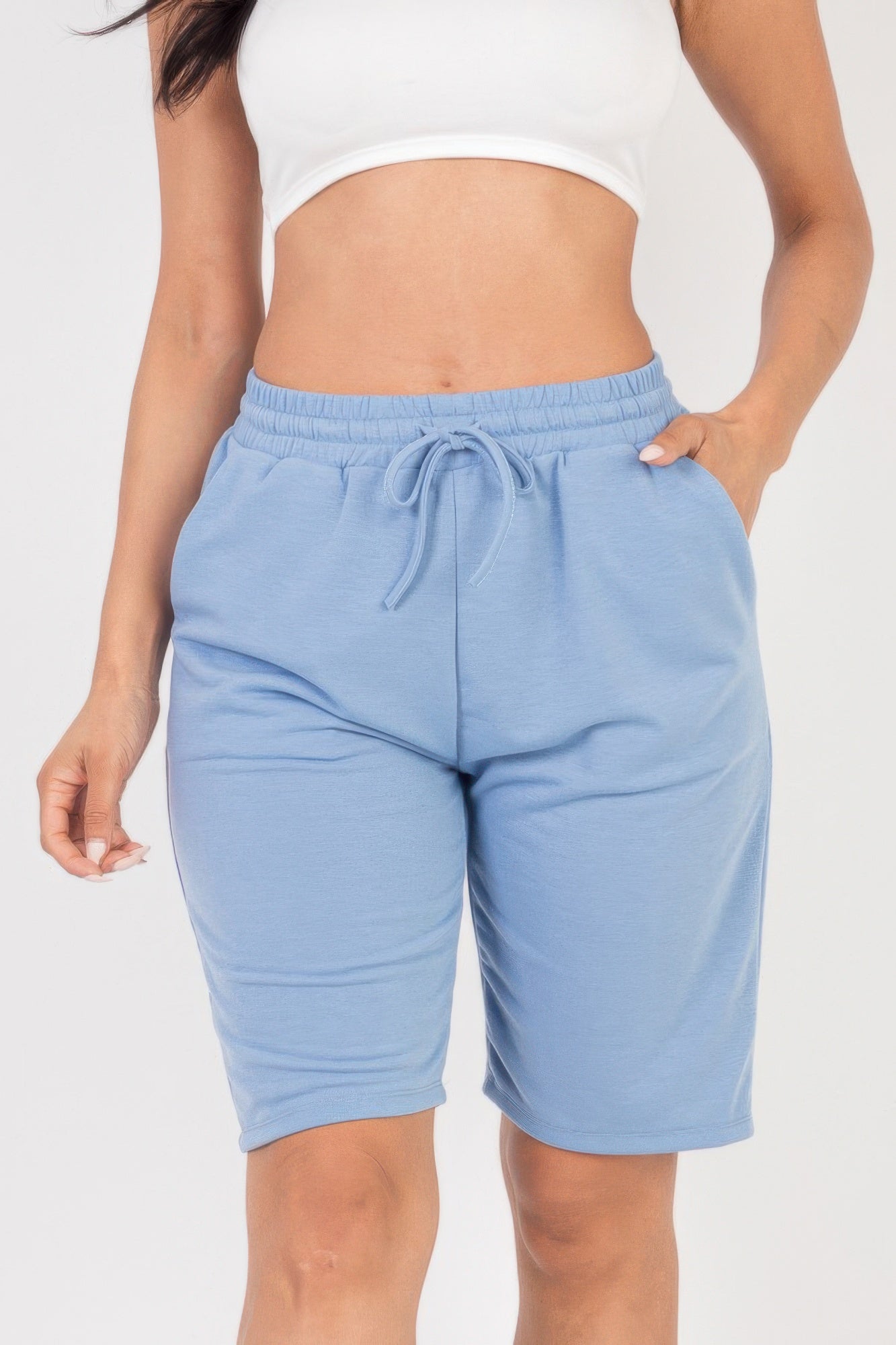 Smocked-Waist Bermuda Shorts in light blue with a drawstring waist and pockets