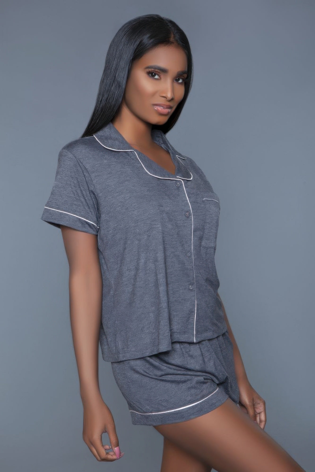 Riley PJ Set 2pc in grey with white piping
