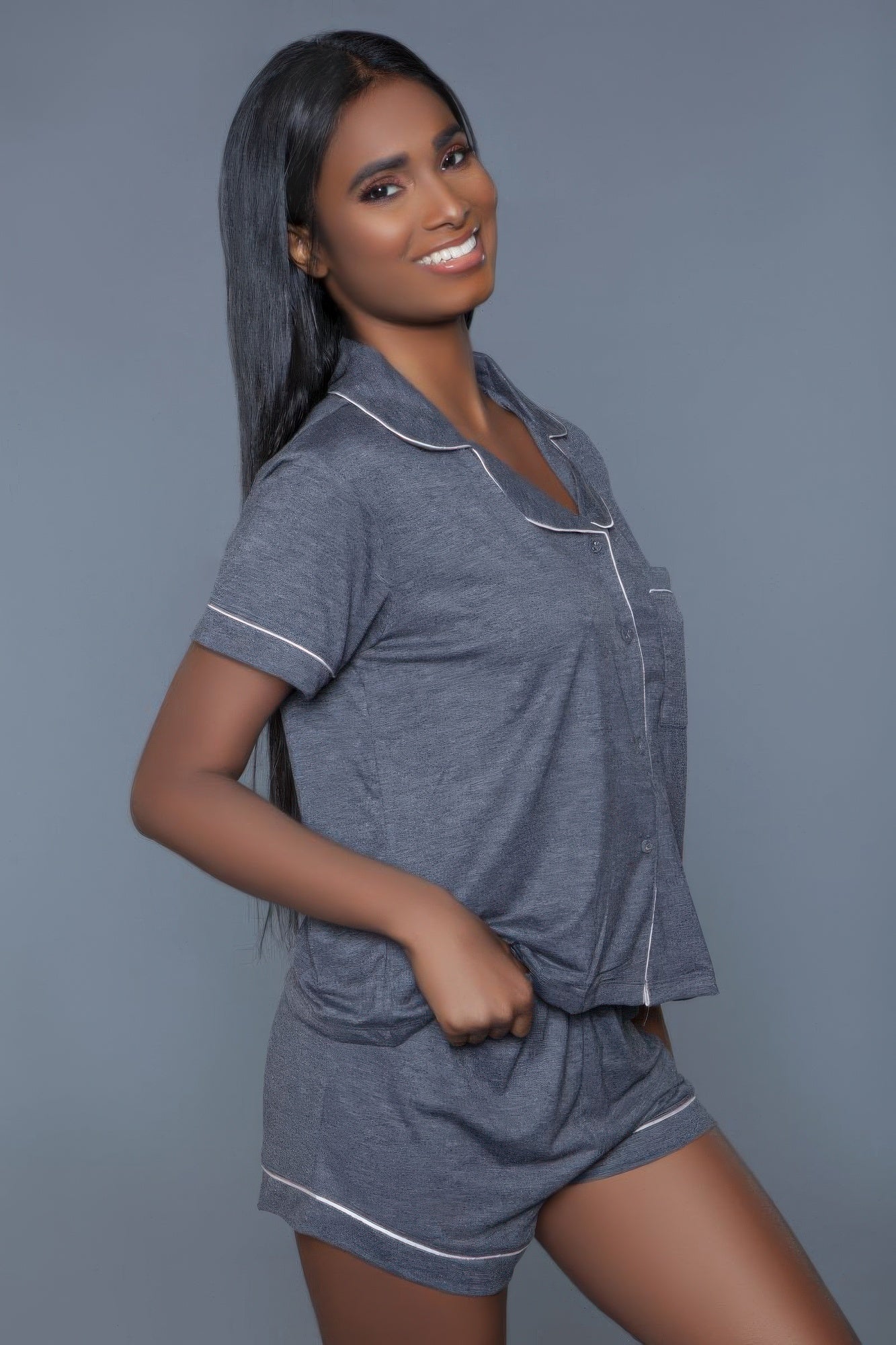 Riley PJ Set 2pc in grey with white piping, short sleeve top and shorts
